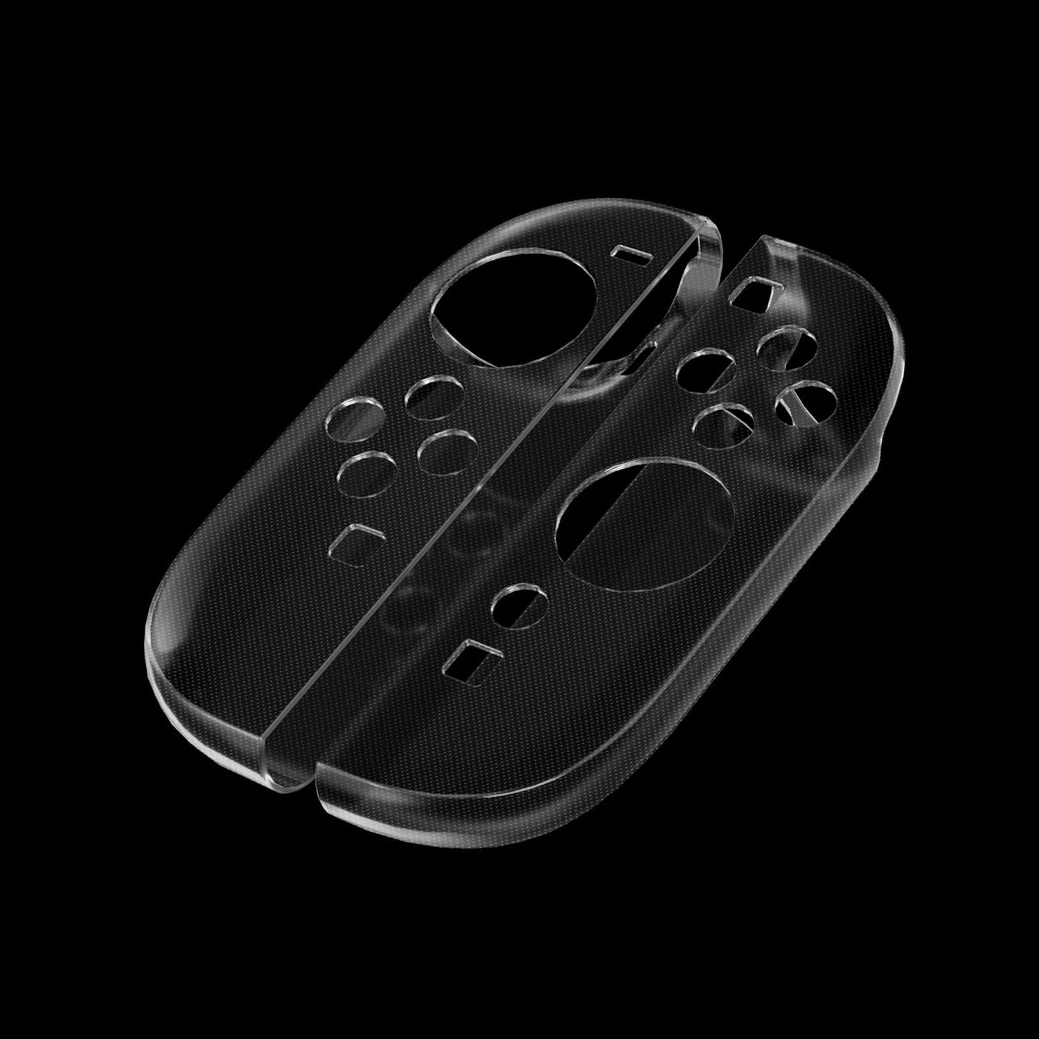 Zwei transparente Nintendo Switch Joy-Con Controller auf schwarzem Hintergrund.