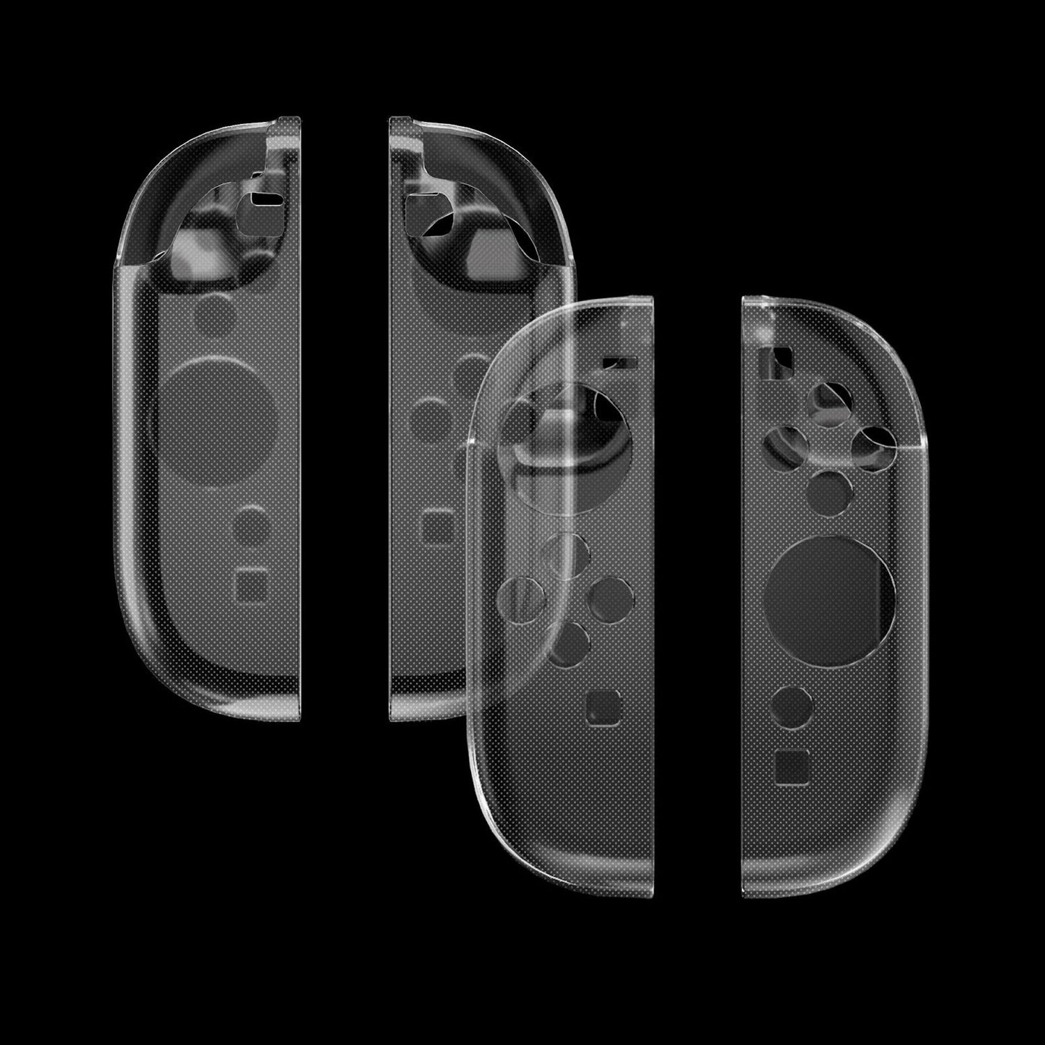 Klare, transparente Nintendo Switch Joy-Con-Hüllen. Schwarzer Hintergrund.