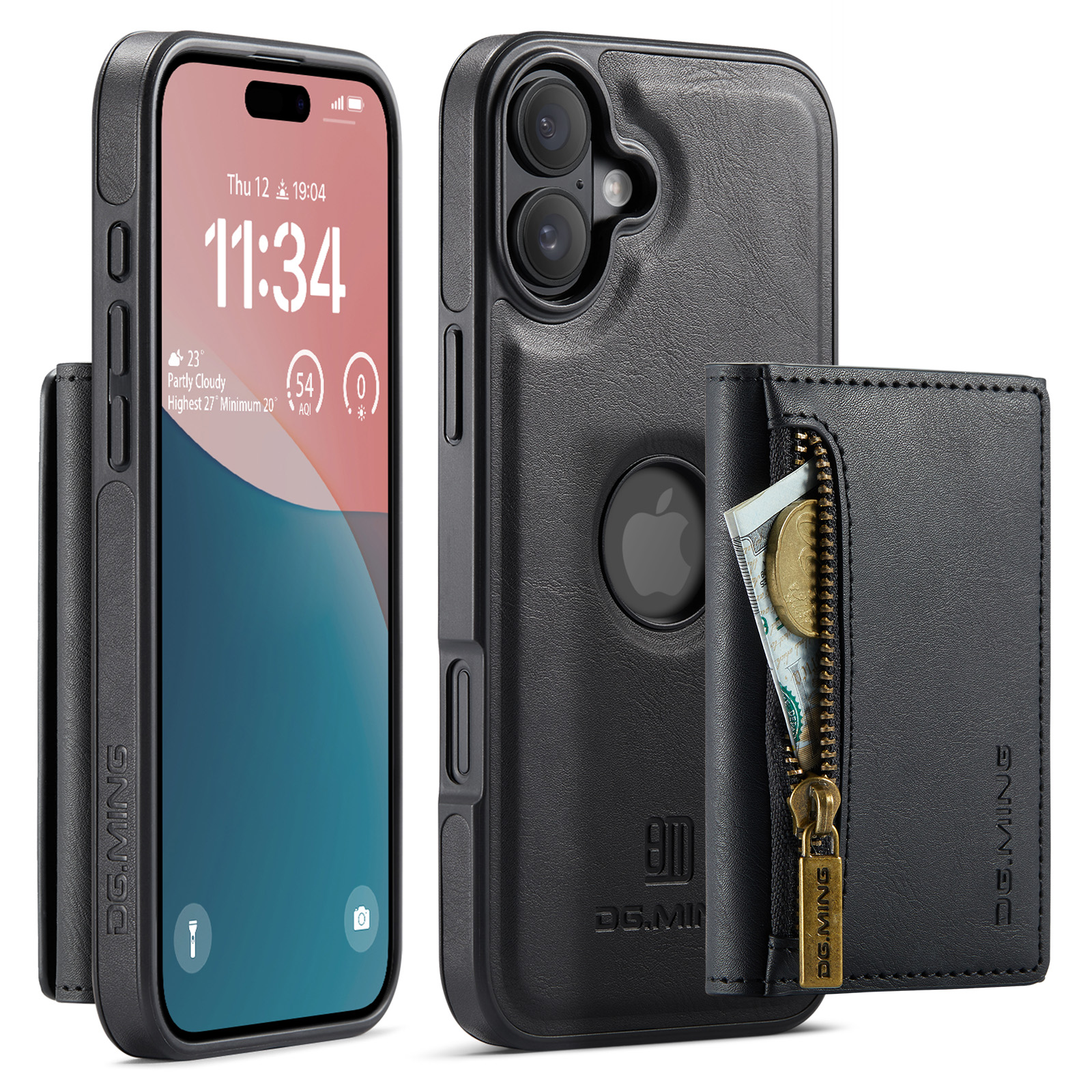 Telefono nero e custodia con portafoglio, che mostra schermo e carte, su superficie bianca.