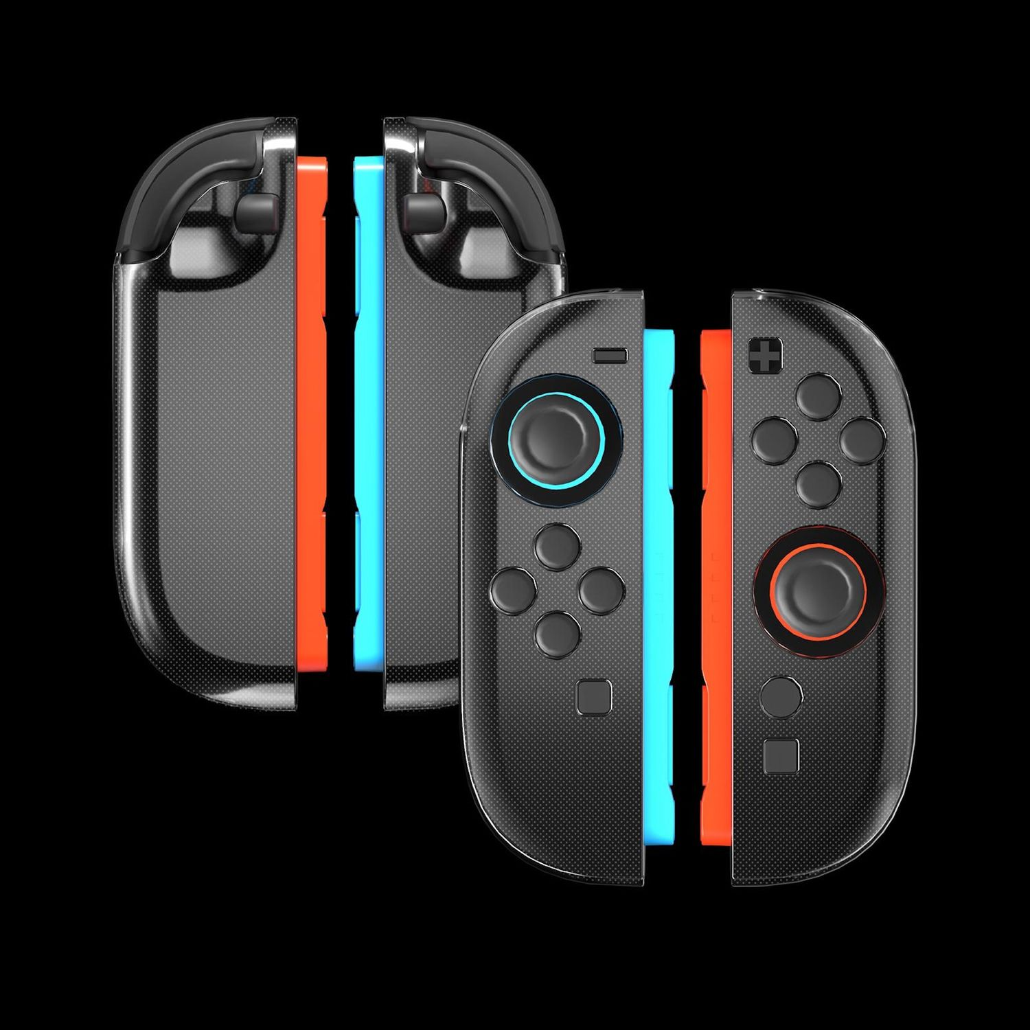 Schwarze Nintendo Switch Joy-Con Controller mit orangefarbenen und blauen Akzenten auf Schwarz.