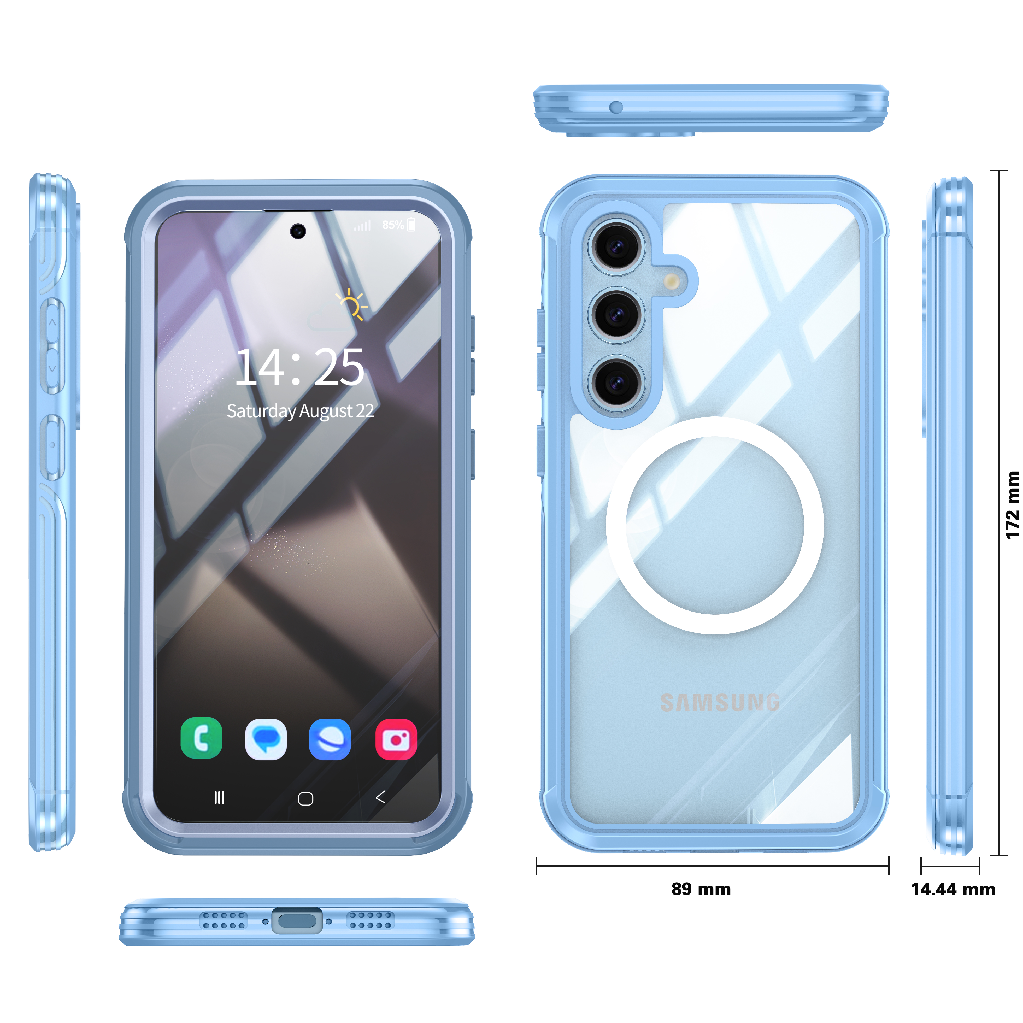 Blaue Handyhülle mit Bildschirm, der Zeit und Symbole zeigt. Das Telefon hat drei Kameras.