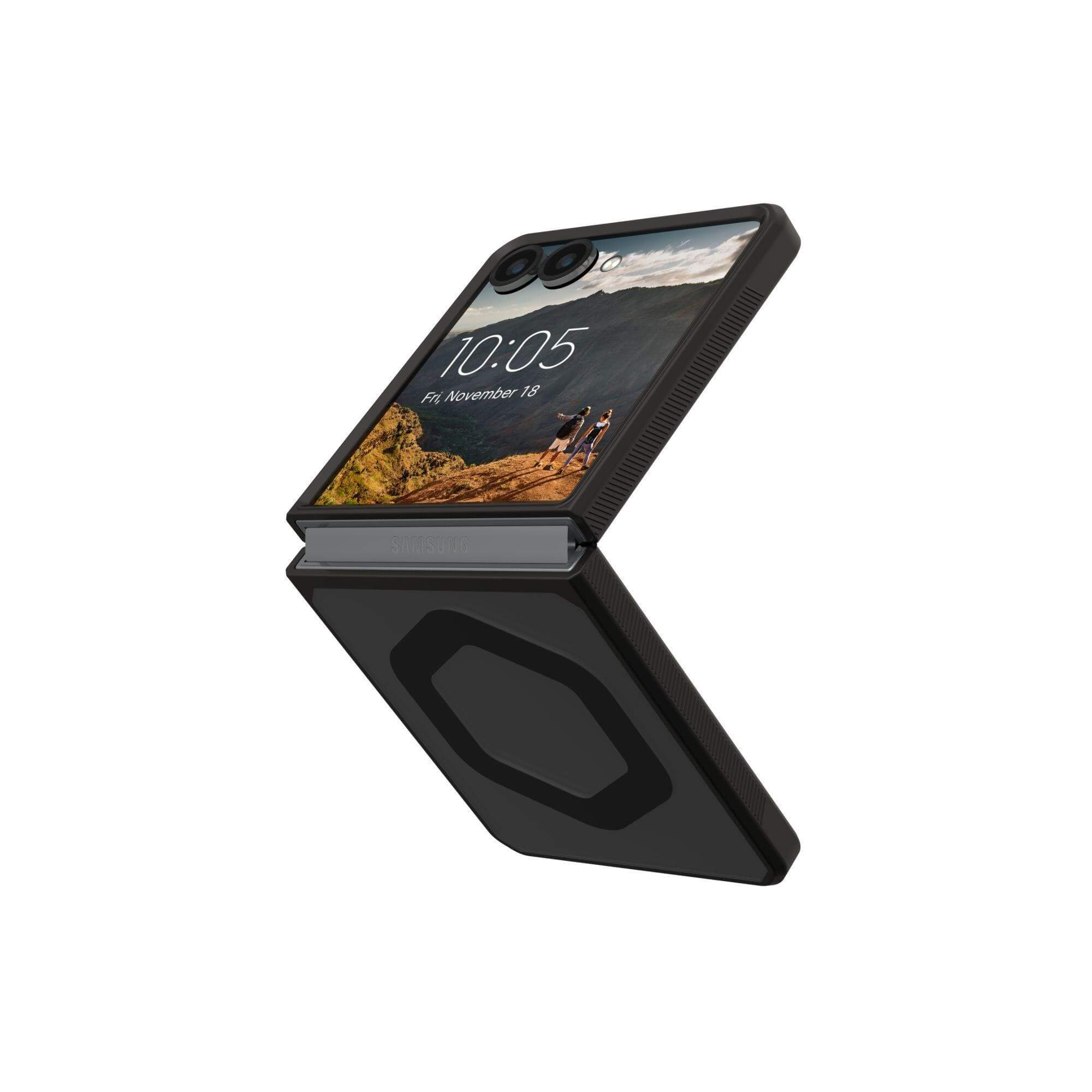 Schwarze Handyhülle mit Bildschirm, der Zeit und Berglandschaft zeigt. Es ist ein Samsung-Handy.