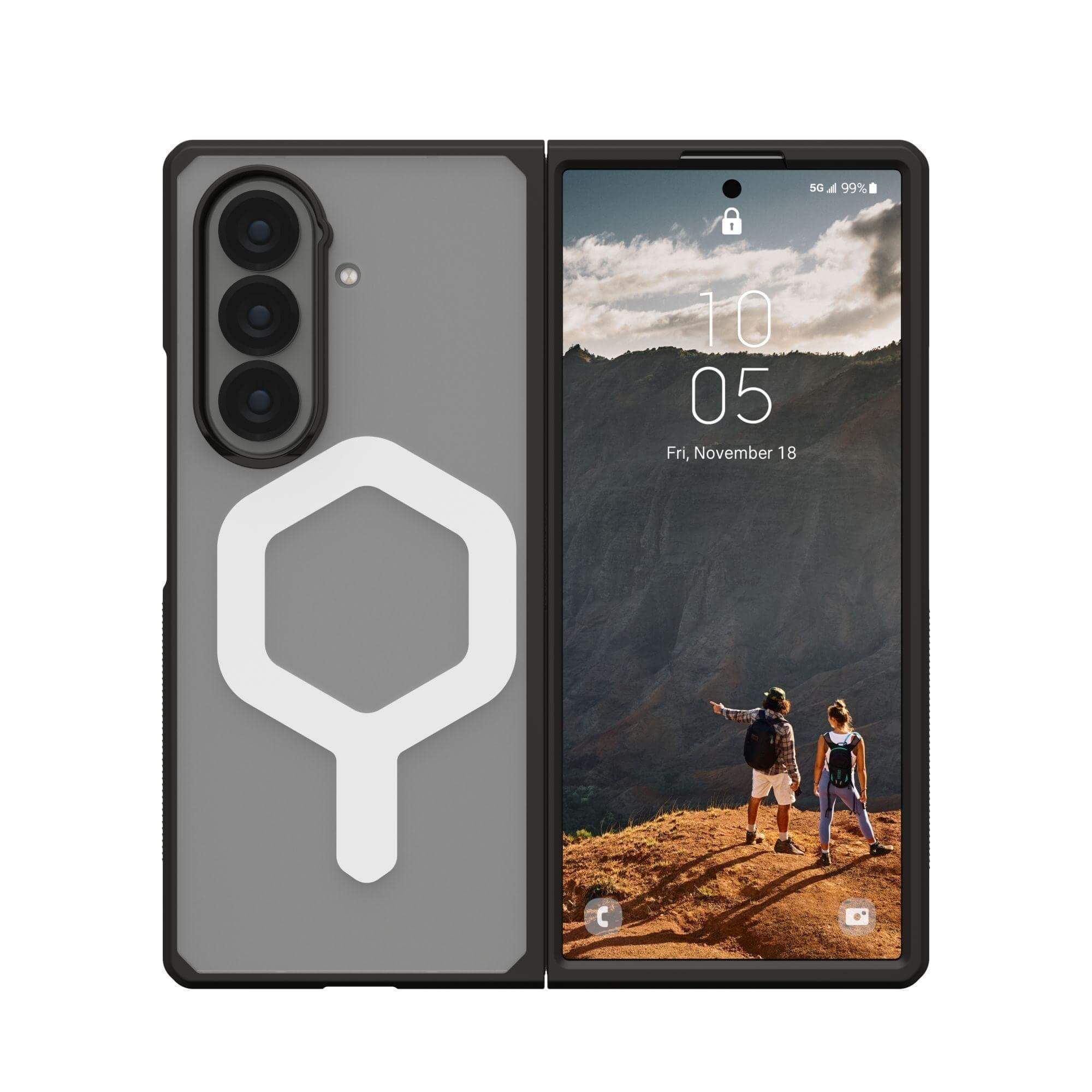 Coque de téléphone noire, ouverte, affichant un écran avec date et deux personnes.