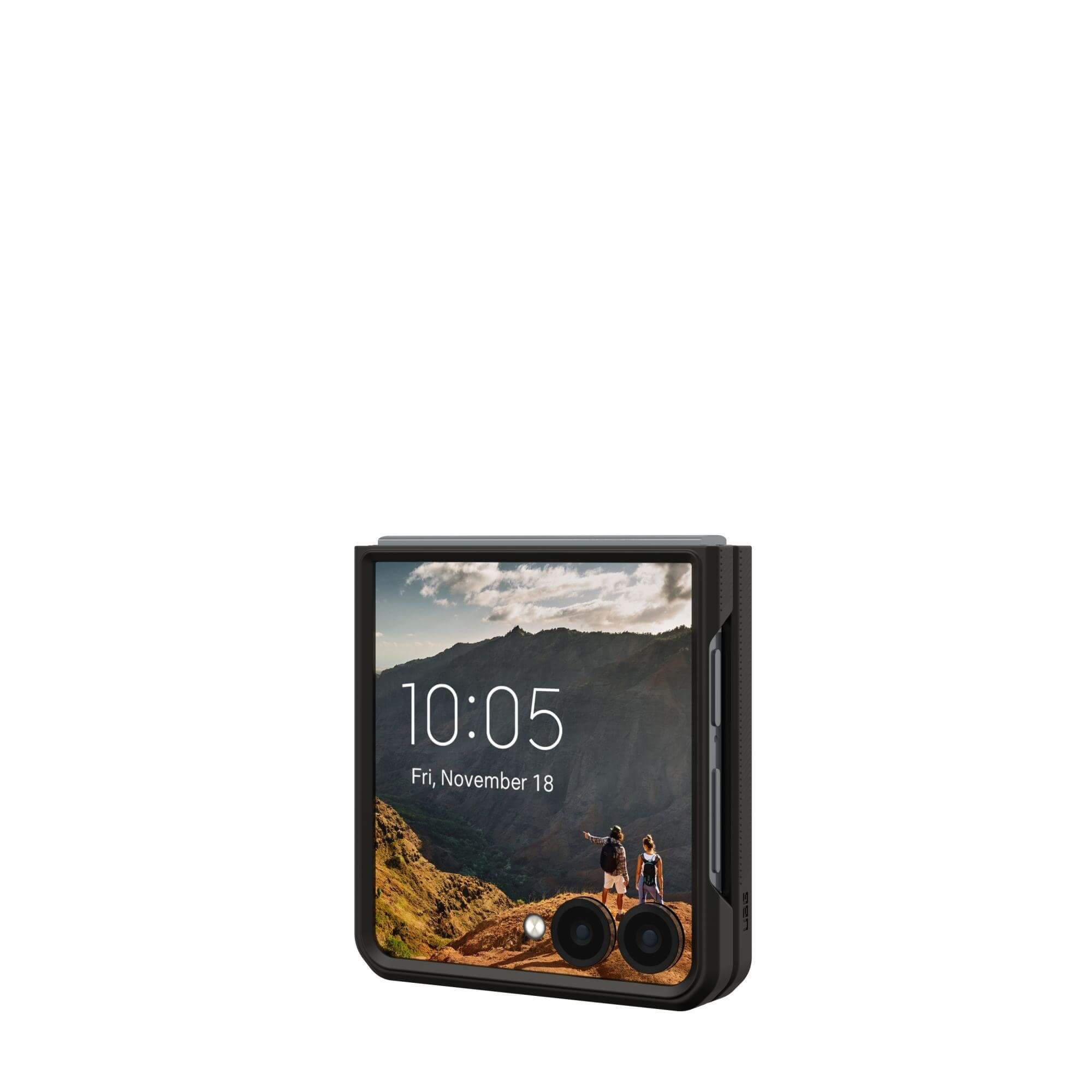 Schwarze Handyhülle mit Bildschirm, der Zeit und Berglandschaft zeigt. Es ist ein Samsung-Handy.