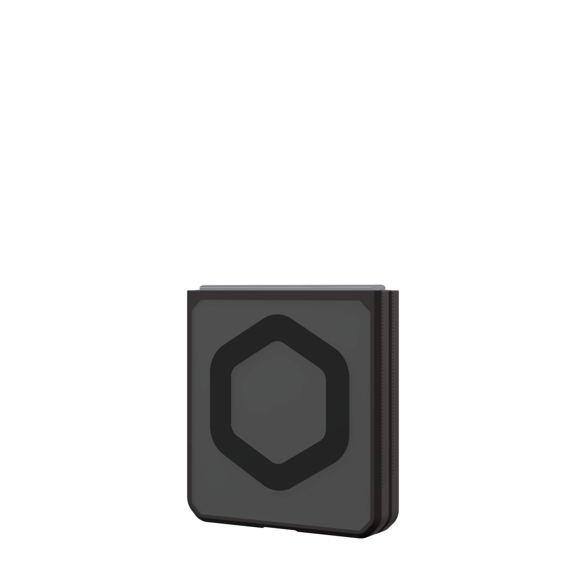 Schwarze Handyhülle mit grauem Sechseck-Design. Die Hülle ist geschlossen.