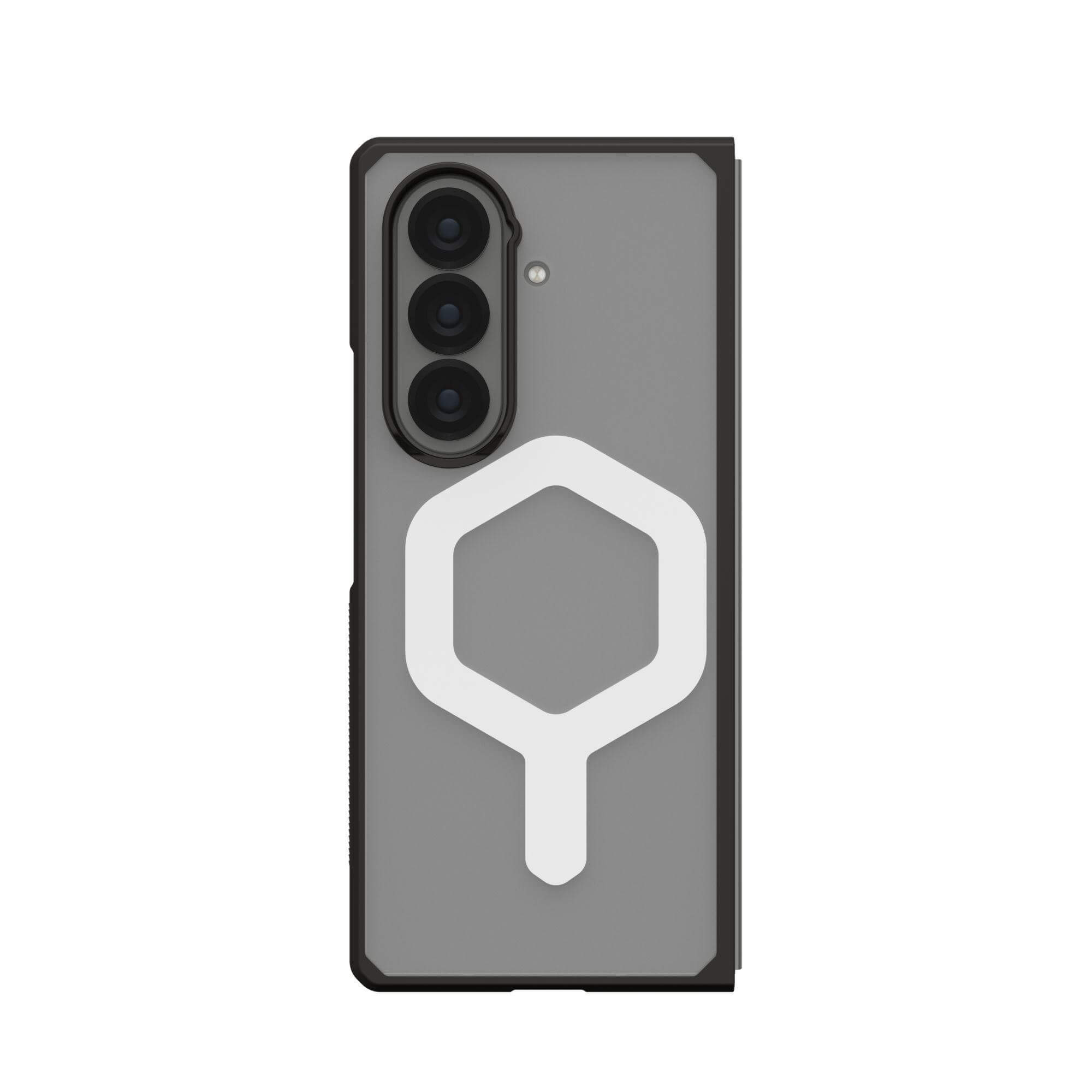 Coque de téléphone grise avec trois caméras et un motif hexagonal blanc. La coque est fermée.