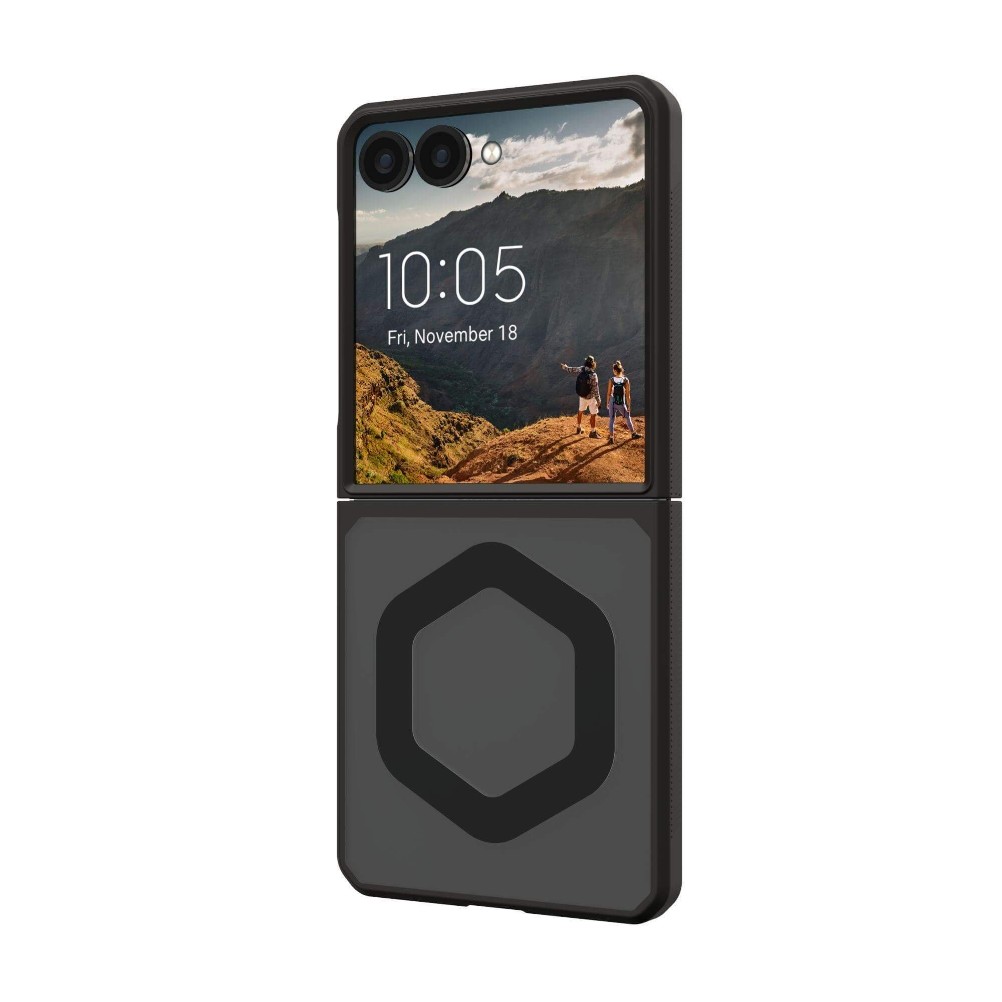 Schwarze Handyhülle mit Bildschirm, der Zeit und Berglandschaft zeigt. Es ist ein Samsung-Handy.