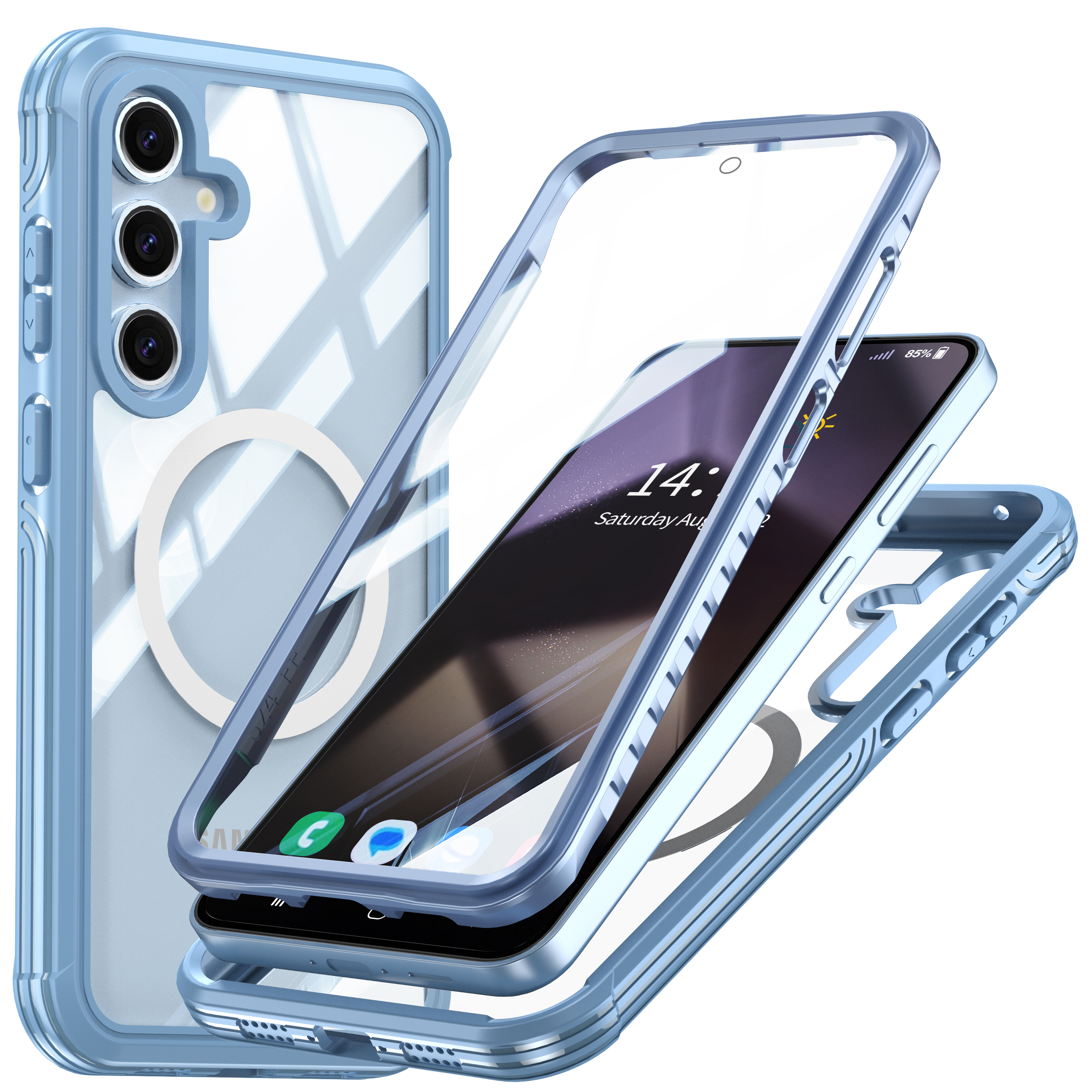 Blaue Handyhülle mit Telefon, zwei weiteren Teilen, alles auf weißem Hintergrund.
