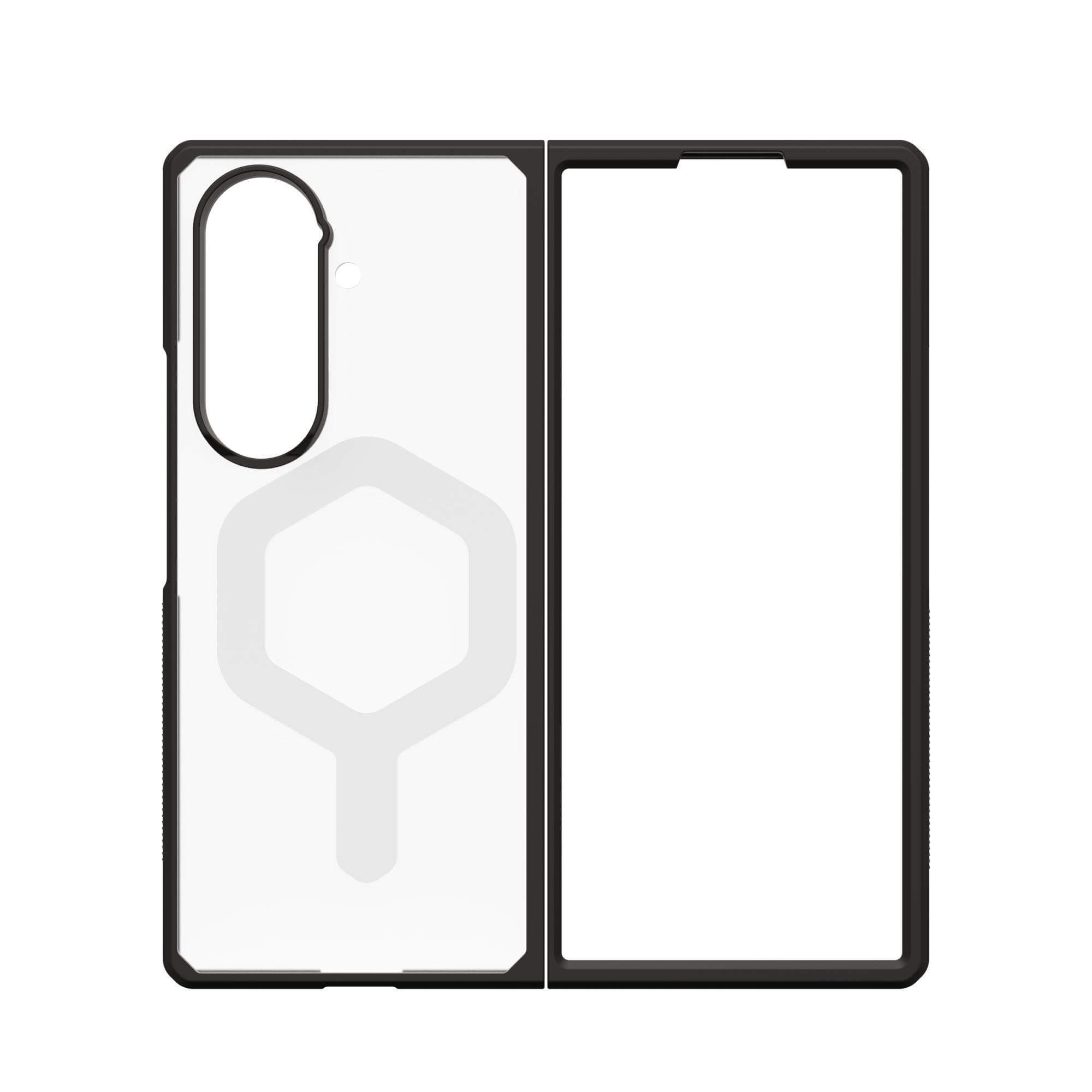 Coque de téléphone noire avec une forme d'écran transparente et un motif hexagonal blanc. La coque est ouverte.