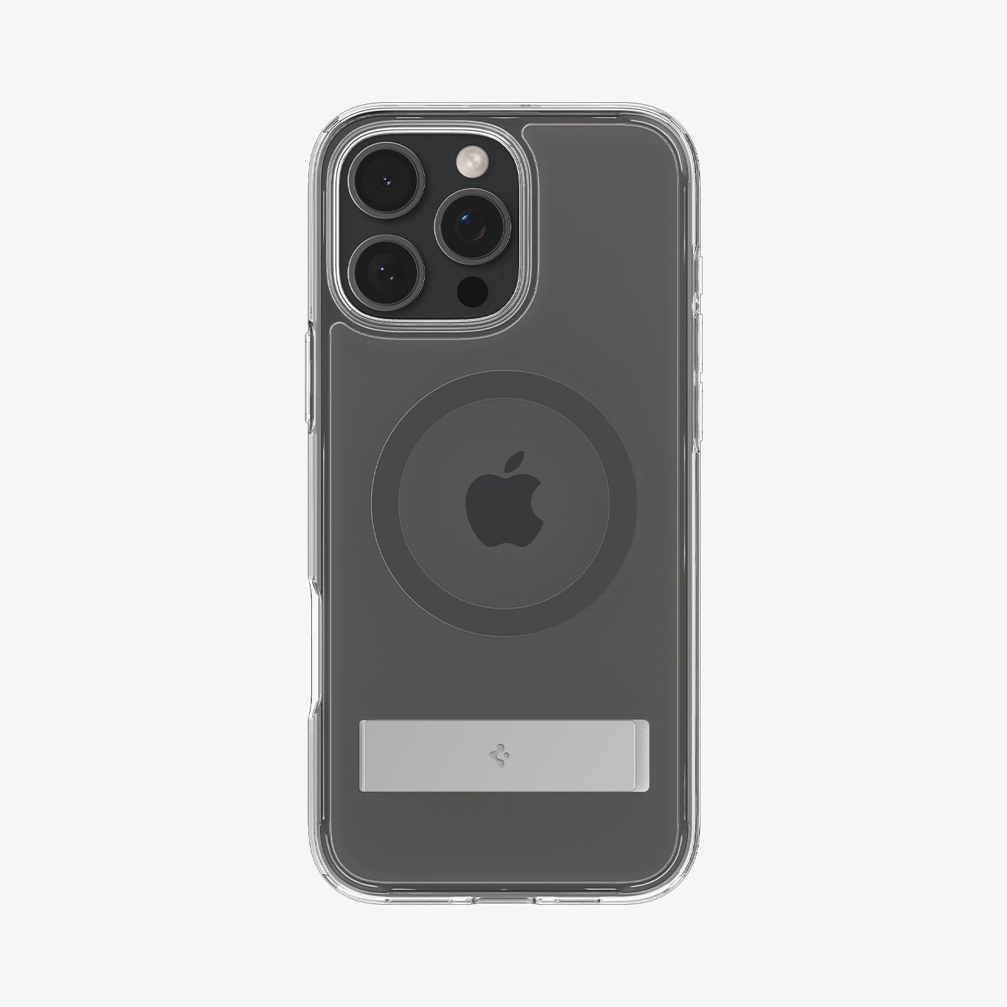 Transparante telefoonhoes op witte achtergrond. Telefoon met camera en standaard. Apple-logo zichtbaar.