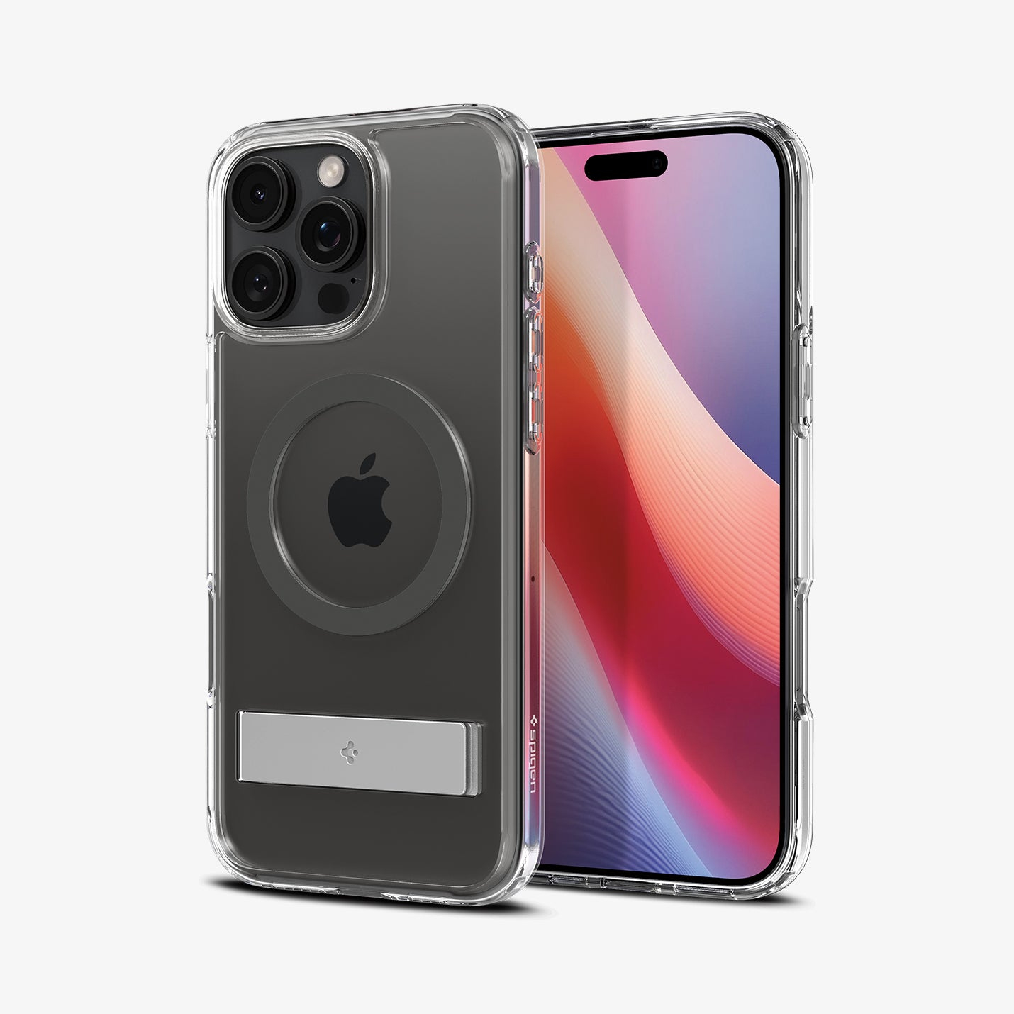 Telefoon in een doorzichtige hoes met een standaard, naast een andere telefoon met een schermgradiënt.