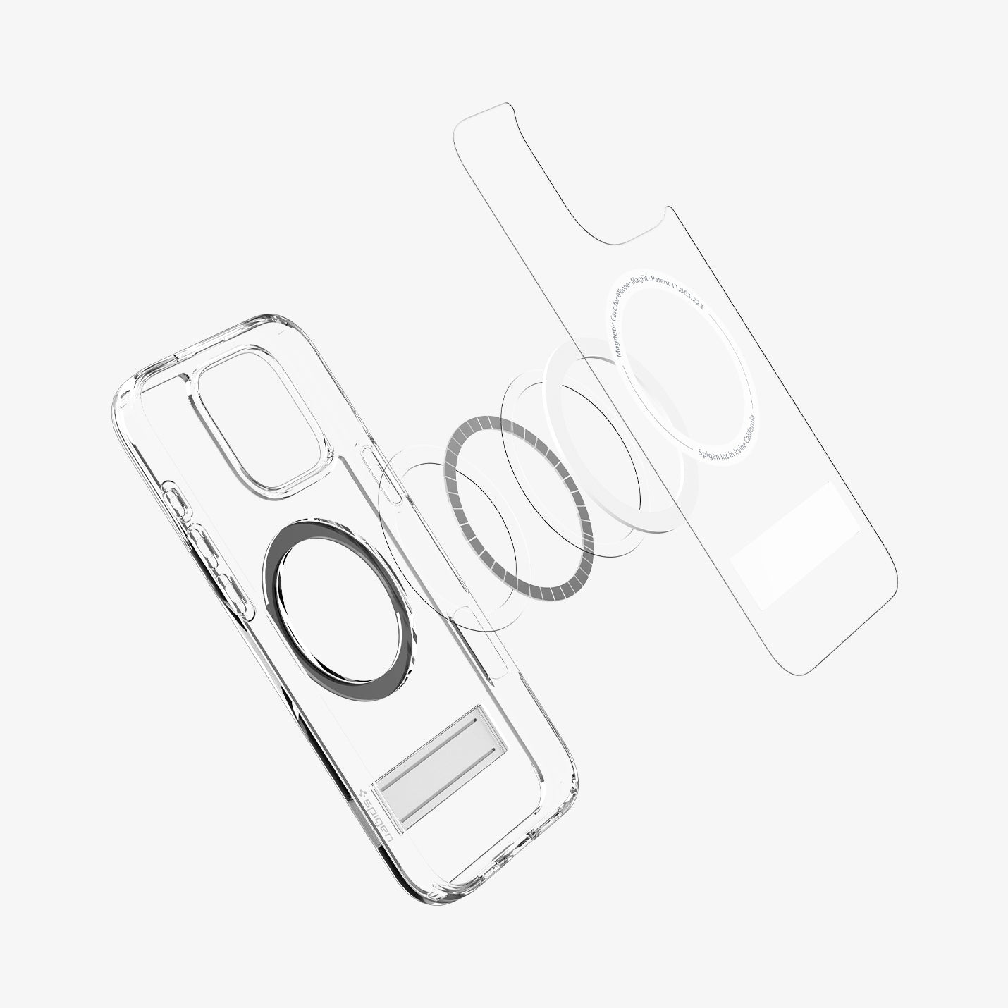 Ontplofte weergave van een transparante telefoonhoes met magnetische ringen en een transparant achterstuk.