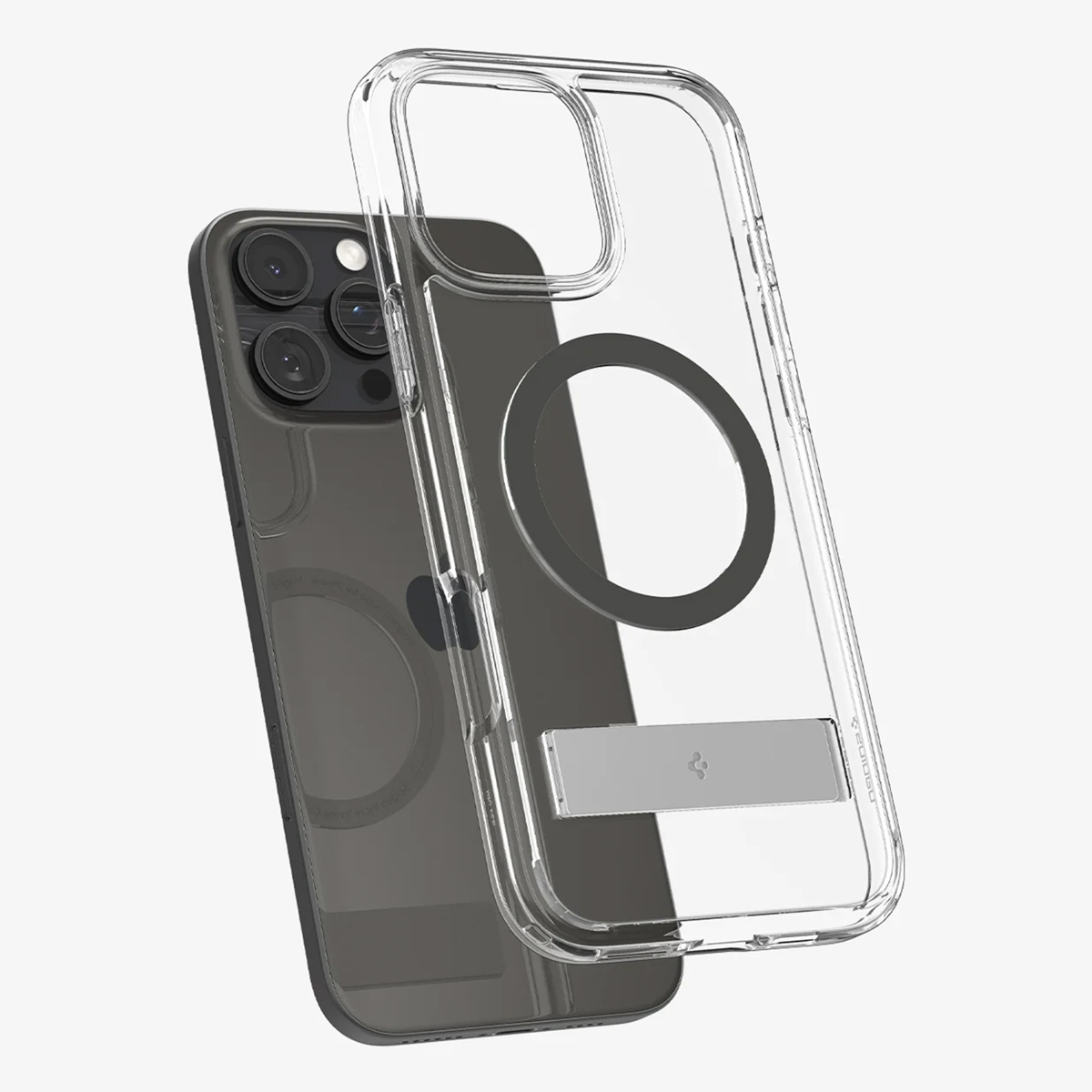 Telefoon met doorzichtige hoes en een losse hoes. De hoes heeft een zilveren standaard.
