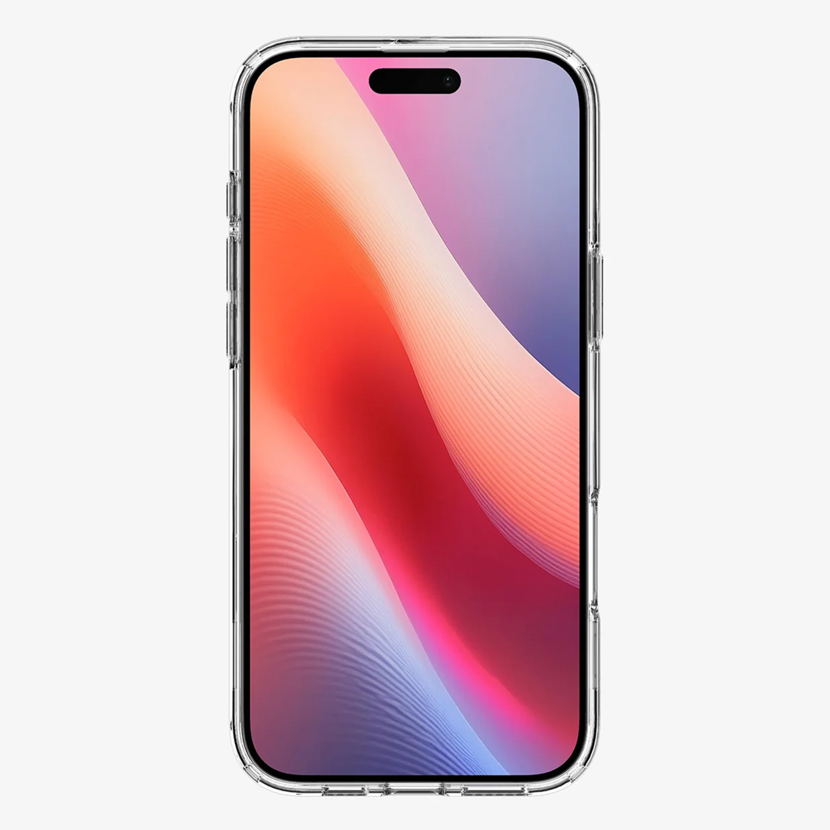 Een telefoon in een doorzichtige hoes. Het scherm toont een kleurrijke gradiënt.