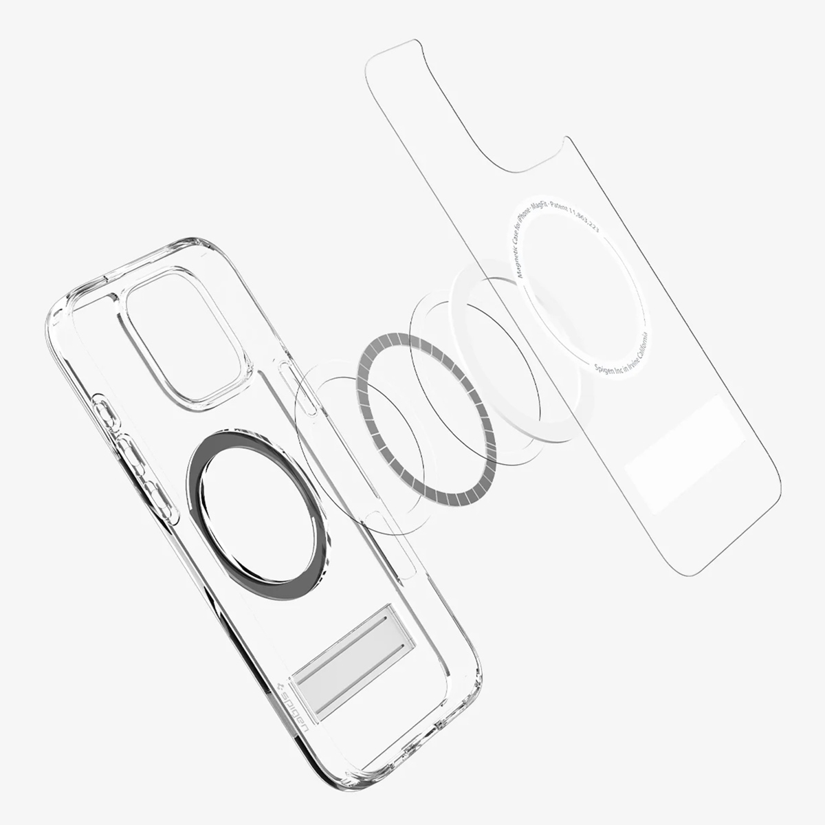 Ontplofte weergave van een transparante telefoonhoes, met magnetische ringen en een transparant achterstuk, schuine weergave.