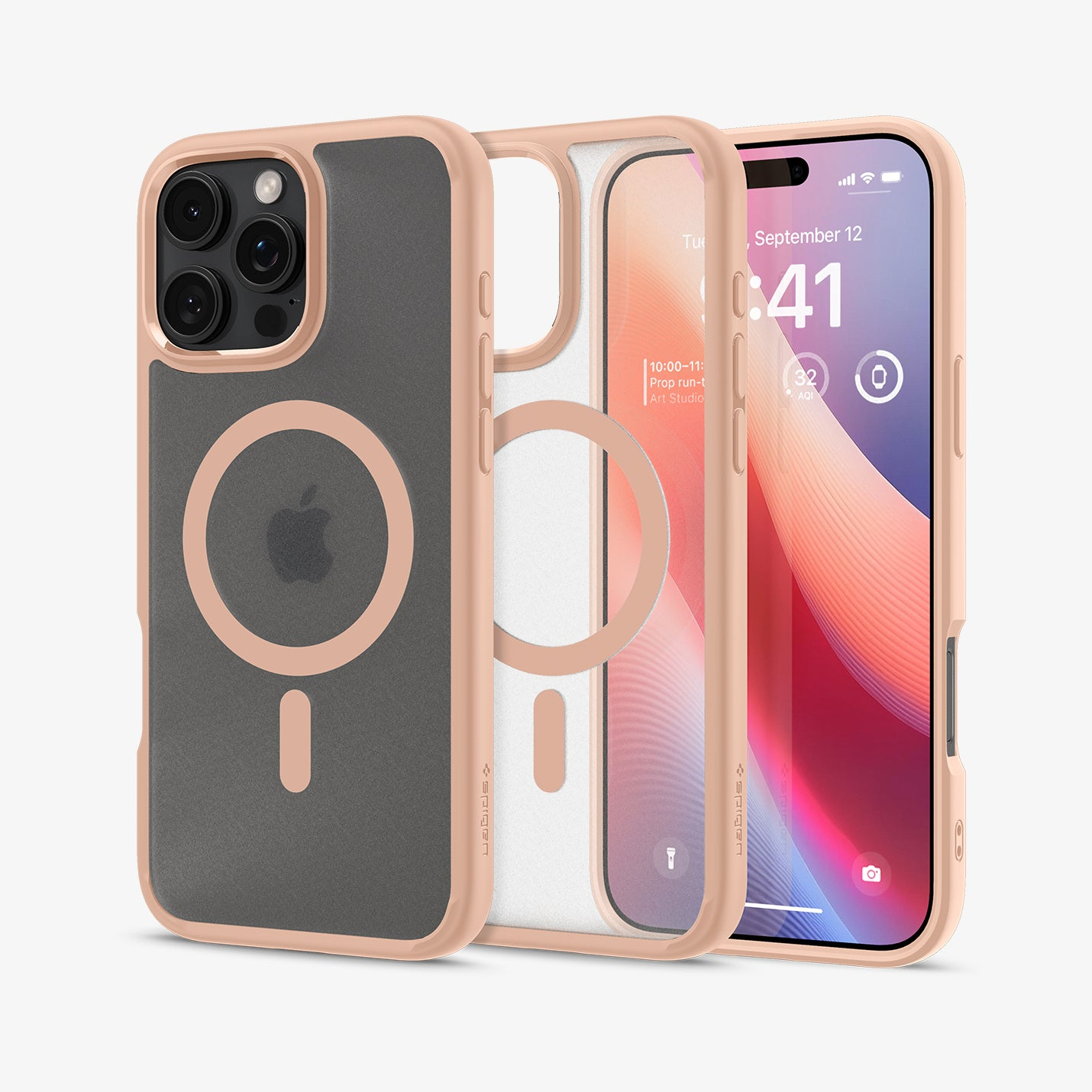 Telefon und Hüllen, rosa Rand. Die Hülle hat ein Apple-Logo und einen Magnetkreis.