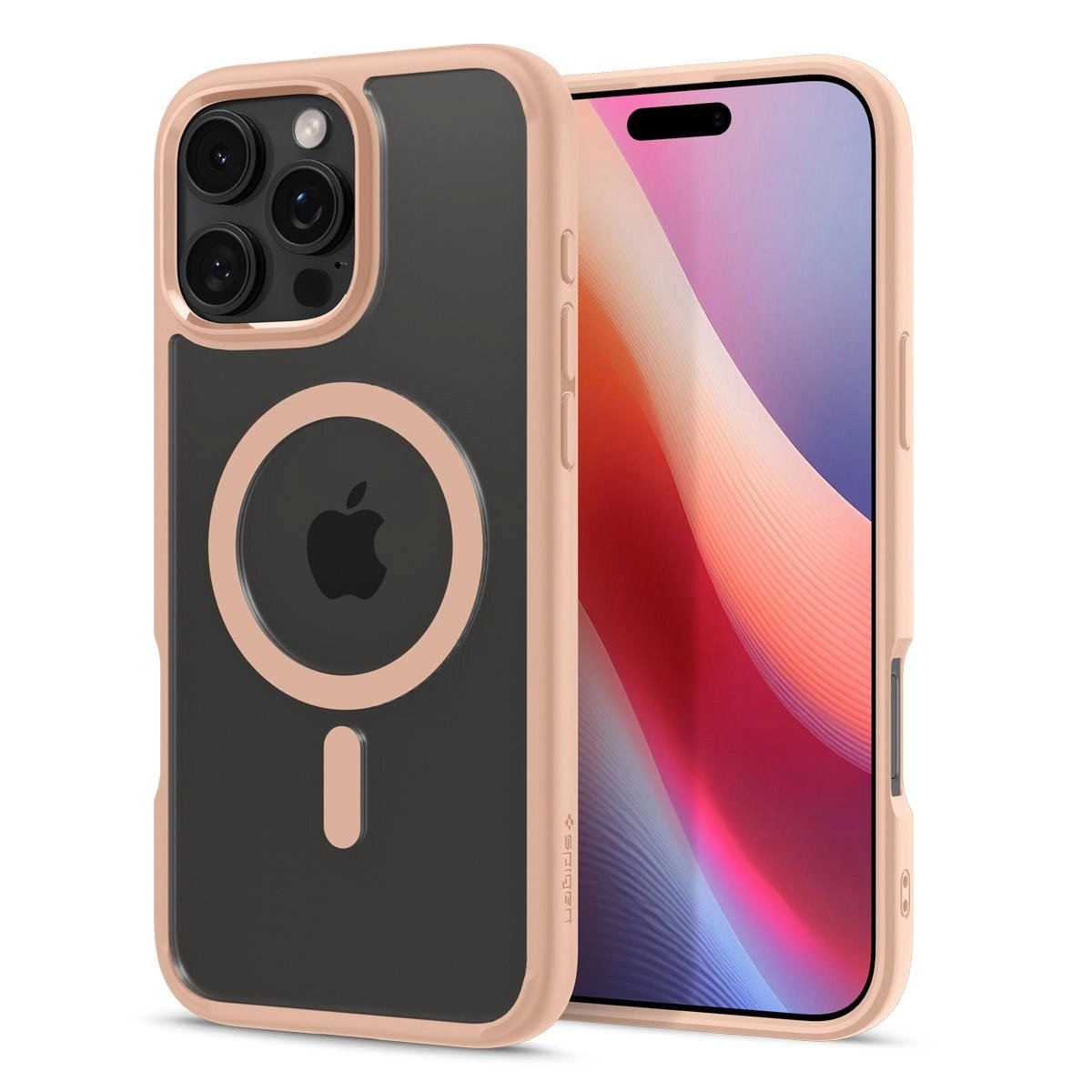 Telefon und Hüllen, rosa Rand. Die Hülle hat ein Apple-Logo und einen Magnetkreis.