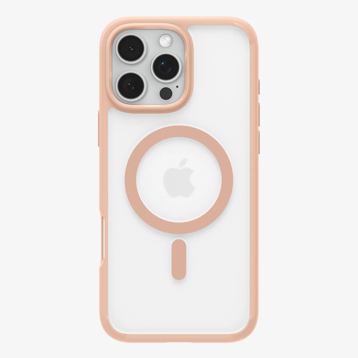 Telefon mit rosafarbener Hülle. Die Hülle hat ein Apple-Logo und einen Magnetkreis.