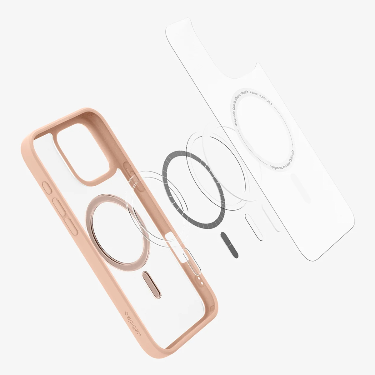 Explosionsansicht einer rosa Handyhülle mit Magnetringen und einem transparenten Rückenteil.