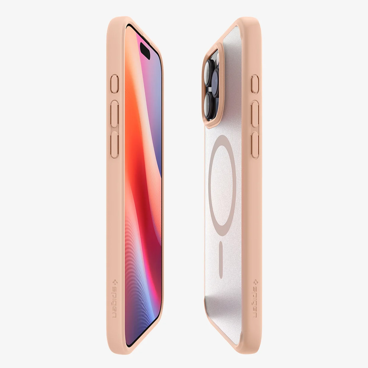 Telefon und Hüllen, rosa Rand. Die Hülle hat ein Apple-Logo und einen Magnetkreis.