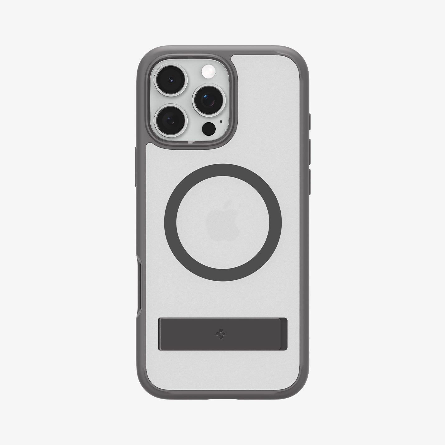 Een telefoonhoesje met een grijs frame en een MagSafe-ring. Het heeft een standaard.