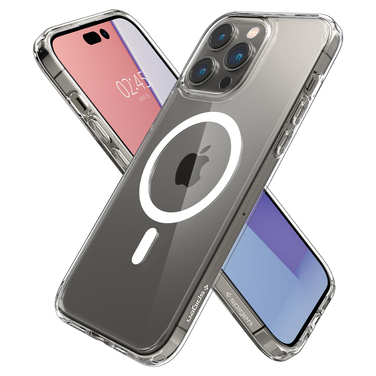 Zwei transparente Handyhüllen, eine mit einem Telefon, das einen Bildschirm anzeigt. Die Hüllen sind von Spigen.