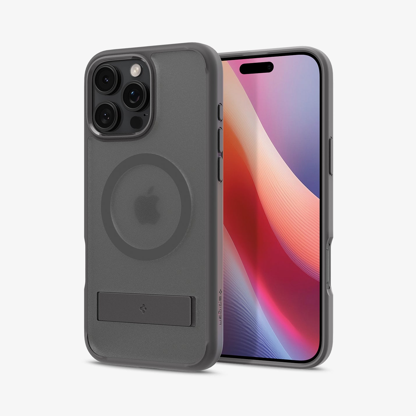 Grijze telefoonhoes met een kickstand. De hoes heeft een MagSafe-cirkel en het merklogo.