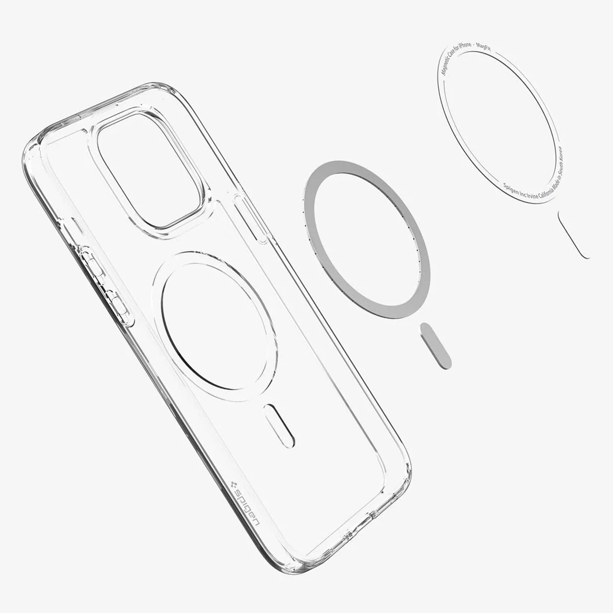 Eine transparente Handyhülle mit einem Magnetring. Die Handyhülle ist getrennt vom Ring dargestellt.
