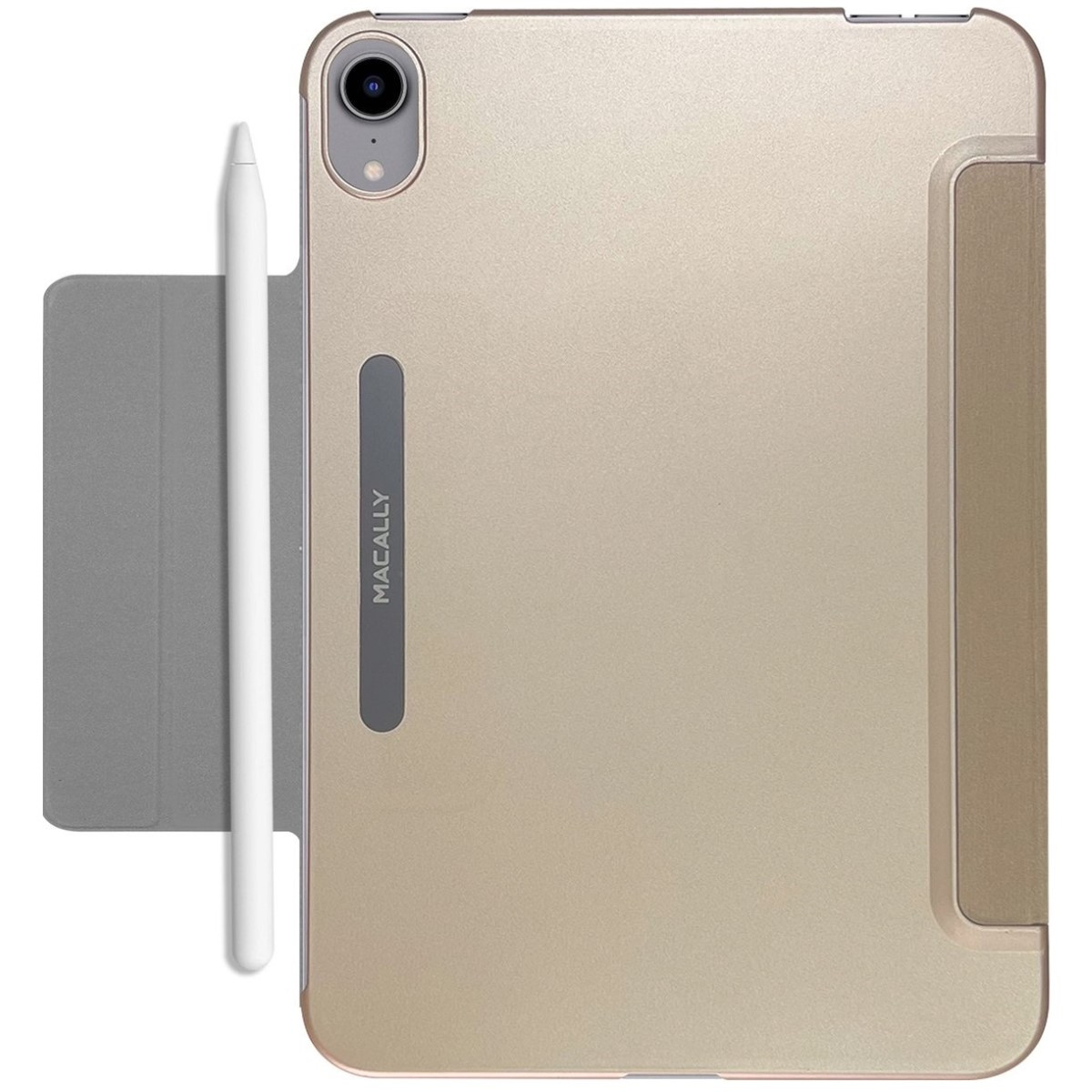 iPad-Hülle mit Stift. Gold und grau, mit einem Stift befestigt.