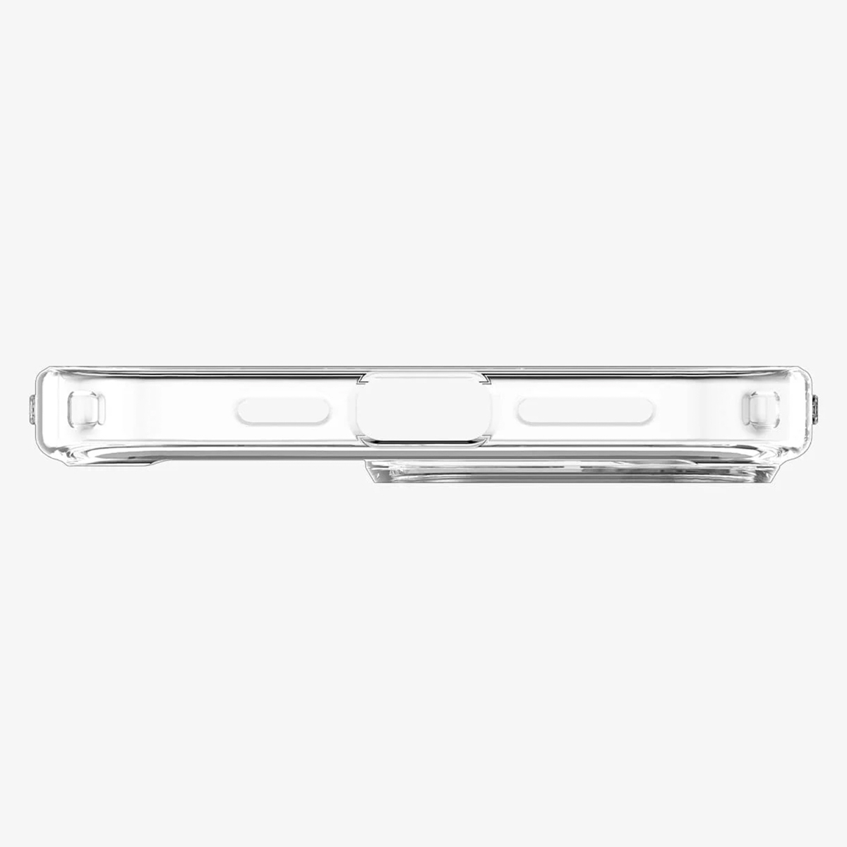 Klare Handyhülle, Draufsicht. Transparent mit Aussparungen für Knöpfe.