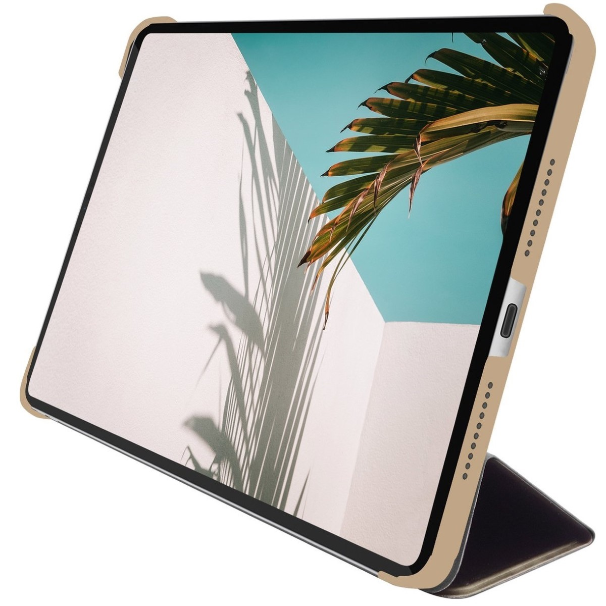 iPad-Hülle mit Palmen-Schatten. Die Hülle ist geöffnet mit einem Bild auf dem Bildschirm.