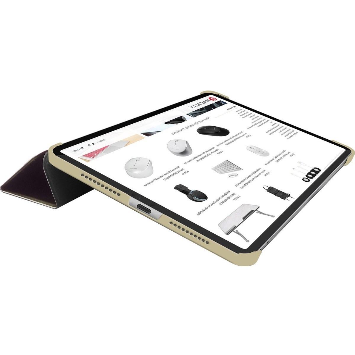 Ein iPad befindet sich in einer Hülle und zeigt eine Website. Die Hülle ist angewinkelt, und die Website ist für Computerzubehör.