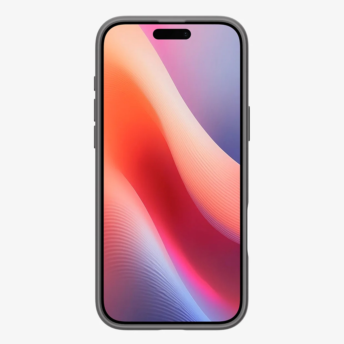 Un téléphone à l'intérieur d'un étui avec un arrière-plan abstrait coloré. L'étui est gris foncé.