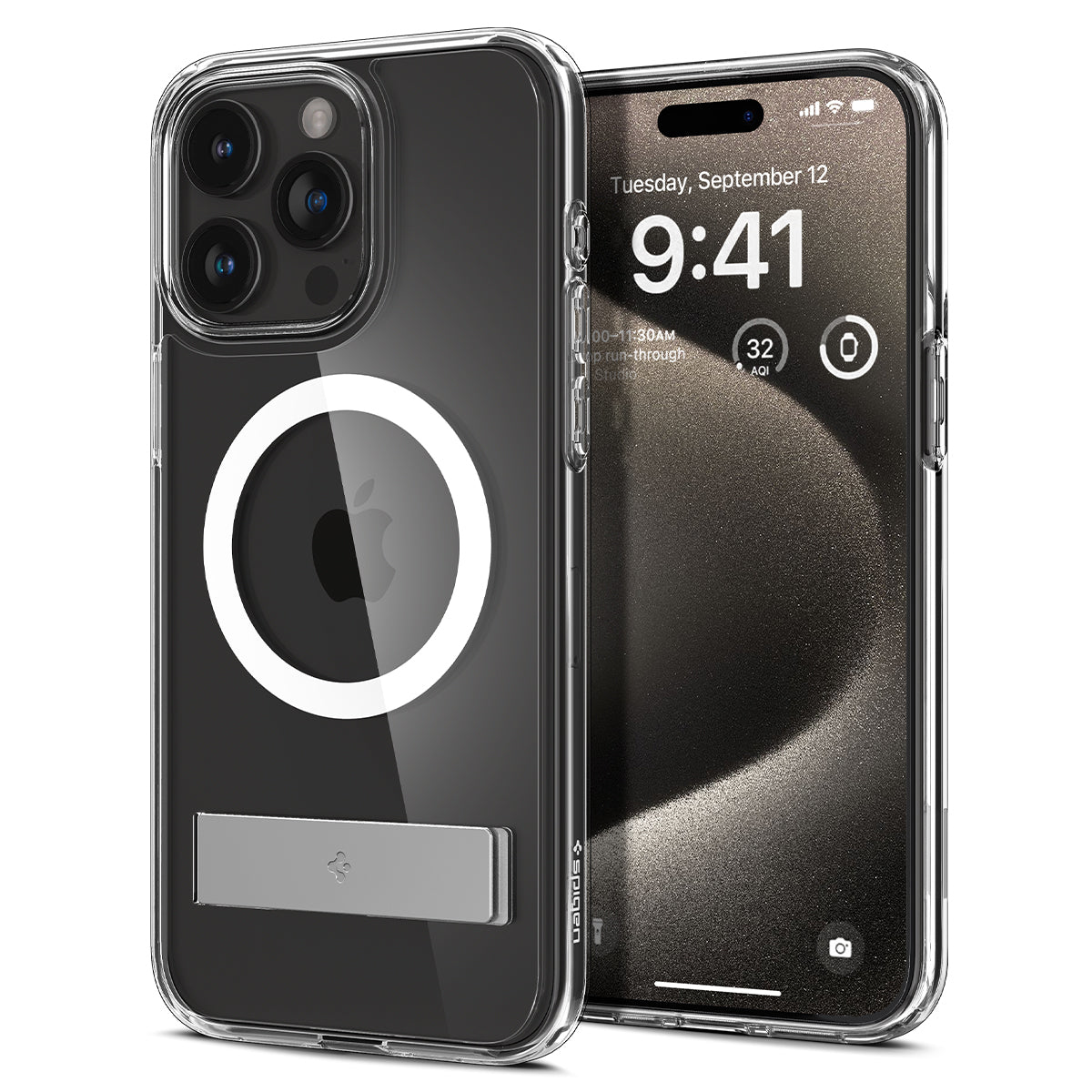 Eine transparente Handyhülle mit einem Telefon darin. Das Telefon zeigt die Uhrzeit und einen Kalendereintrag.