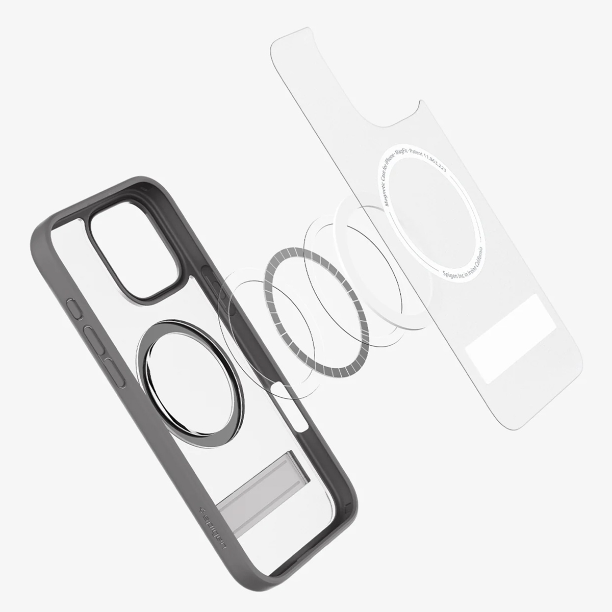 Une coque de téléphone avec béquille et anneau magnétique, démontée. La coque est grise.
