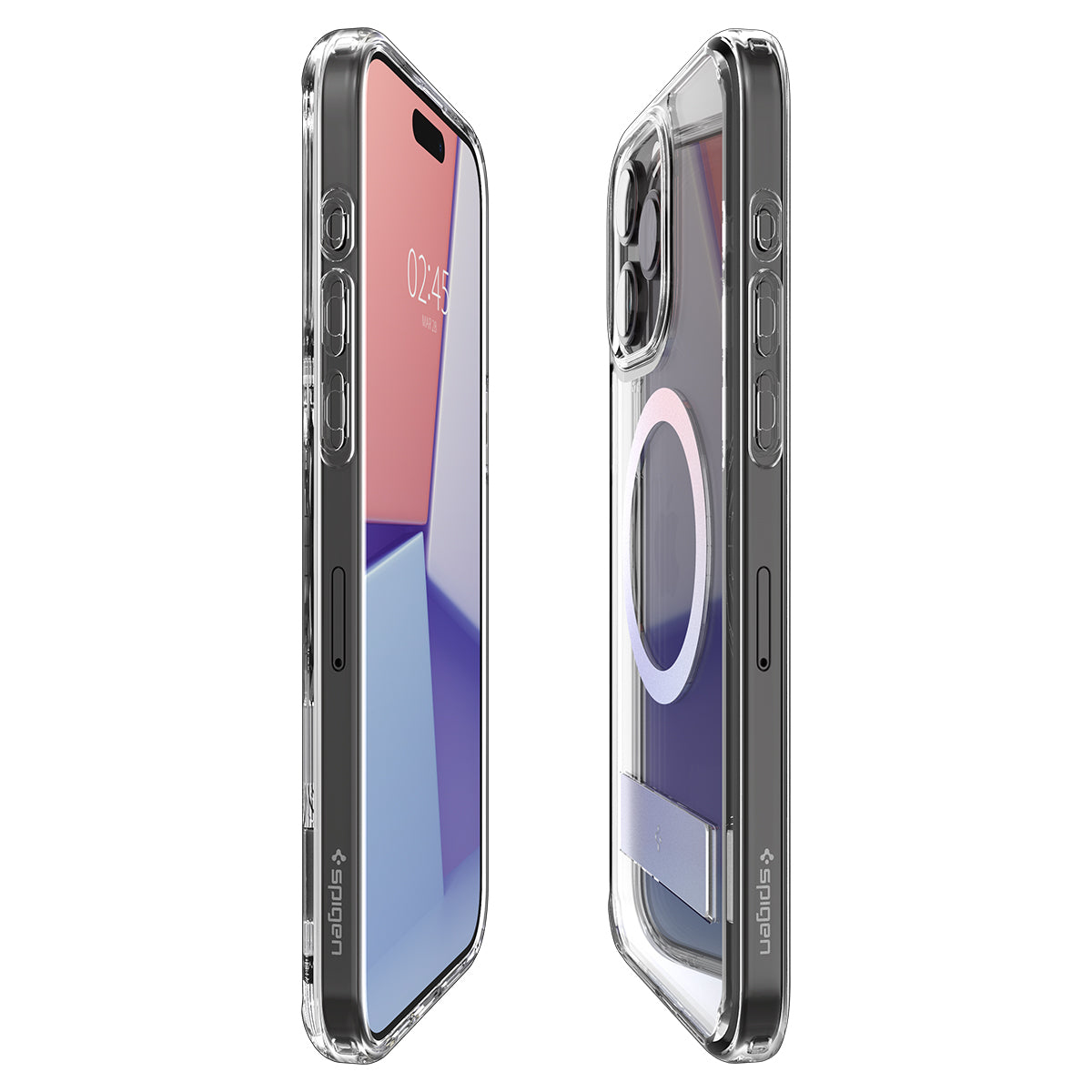 Deux coques de téléphone transparentes, chacune avec un téléphone à l'intérieur, montrant le profil latéral. Les coques sont de marque Spigen.