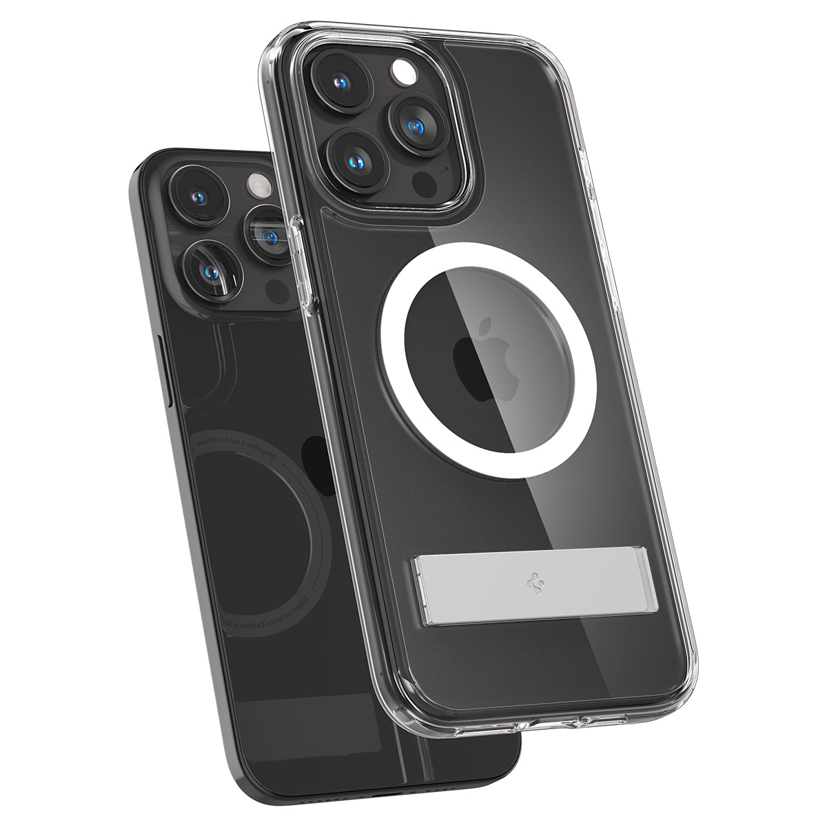 Deux coques de téléphone transparentes. L'une est sur le téléphone, et l'autre est à proximité. Les deux ont des caméras.