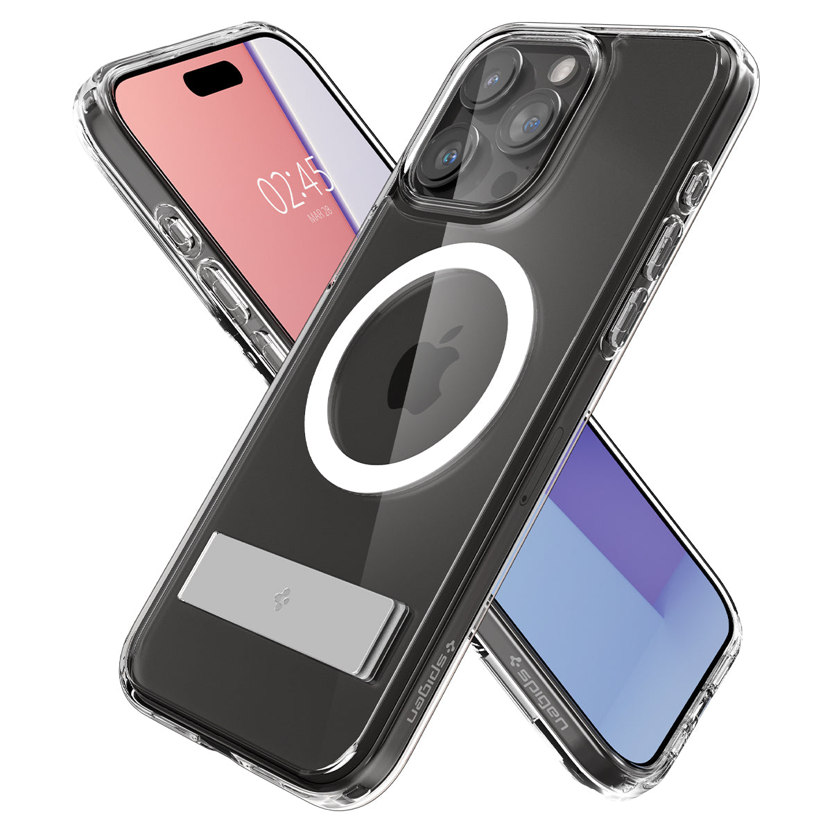Deux téléphones dans des étuis transparents avec des supports. Un téléphone affiche un écran bleu, l'autre un rouge.