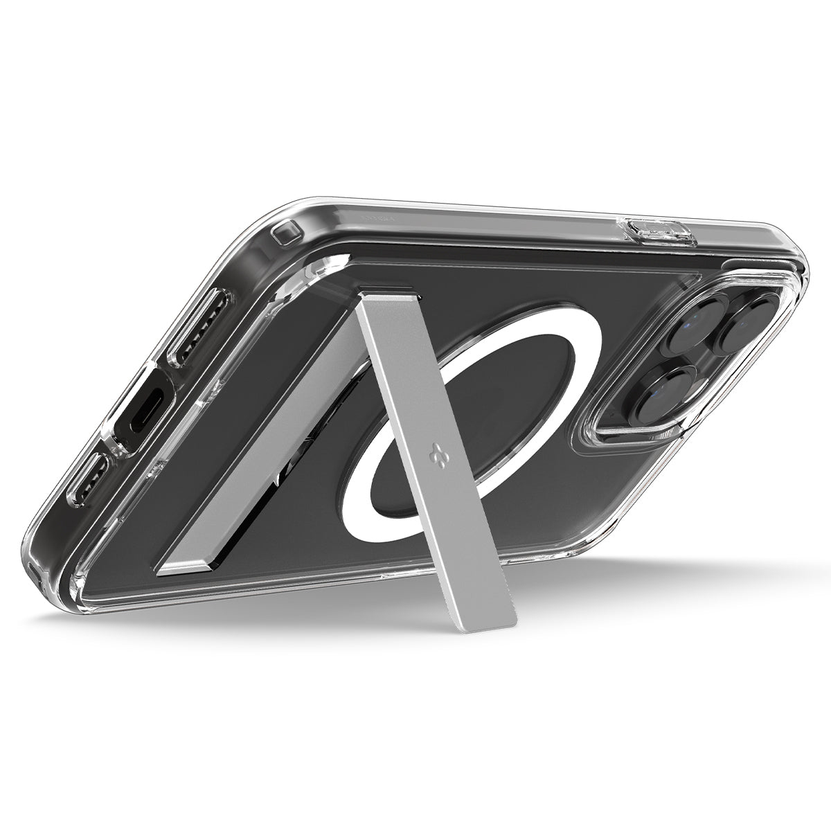 Coque de téléphone transparente avec béquille argentée. La coque a un anneau blanc. Le téléphone est sur fond blanc.