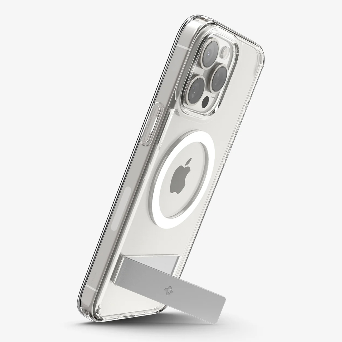 Transparente Handyhülle mit silbernem Ständer und Apple-Logo. Das Handy liegt auf weißem Grund.