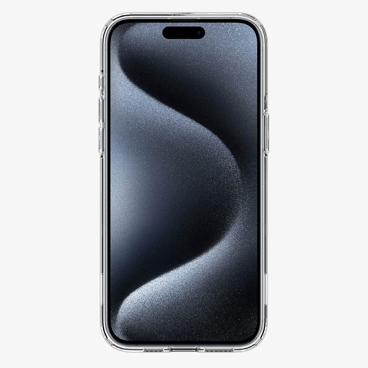 Transparente Handyhülle auf weißem Hintergrund. Der Bildschirm zeigt ein wellenförmiges, dunkles Design.