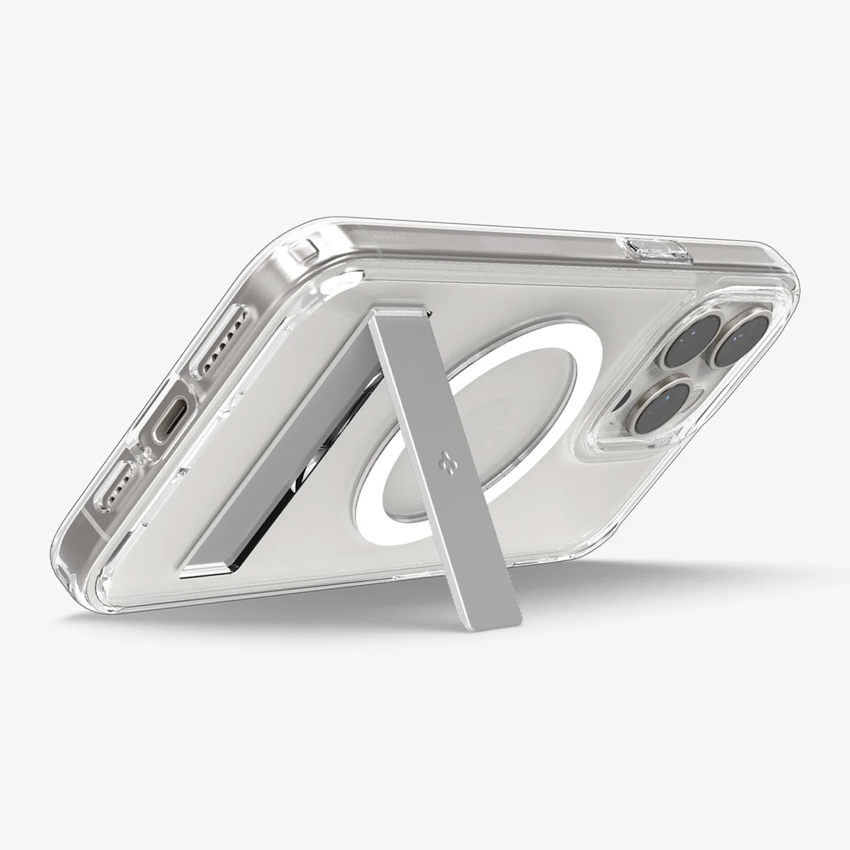 Transparente Handyhülle mit silbernem Ständer und Apple-Logo. Das Handy liegt auf weißem Grund.