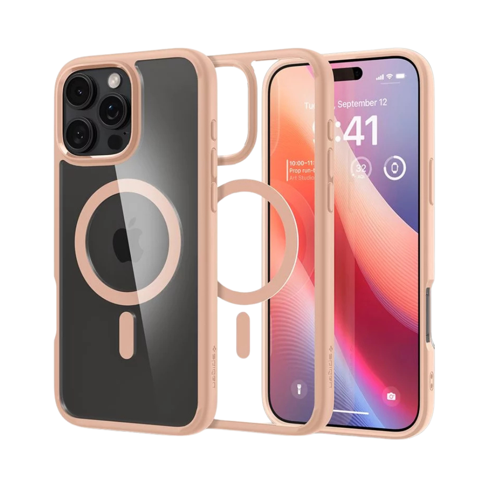 Drie telefoonhoesjes, met een telefoon in één. De hoesjes zijn roze en transparant.