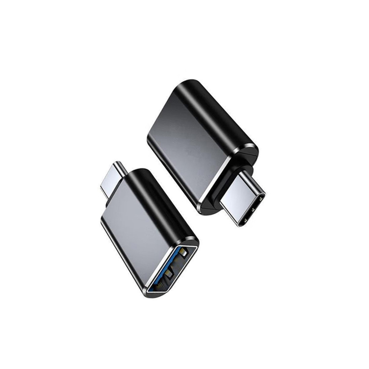 Dwa czarne adaptery USB-C. Przód ma port USB-C.
