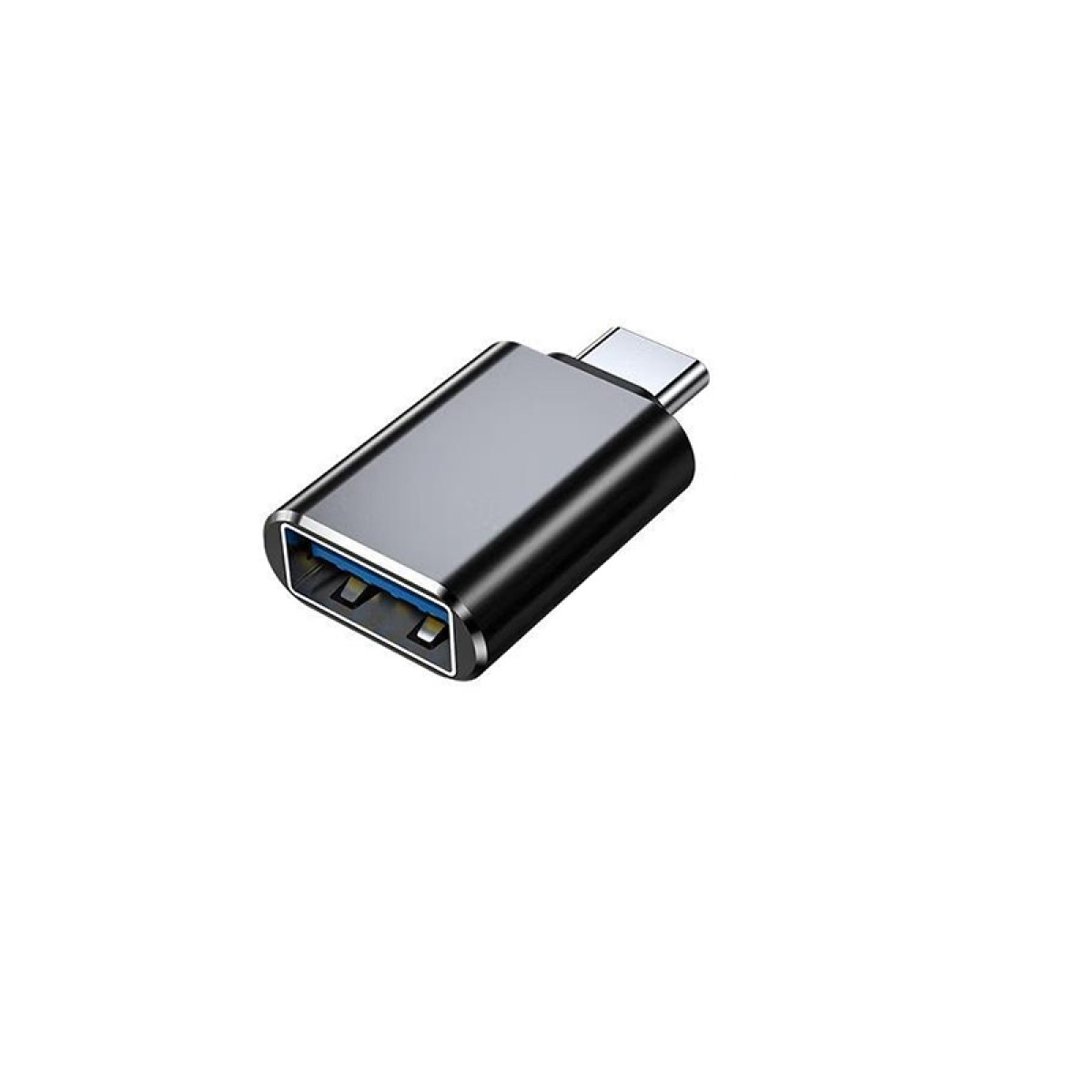 Srebrno-czarny adapter USB-C. Ma port USB na jednym końcu i USB-C na drugim.