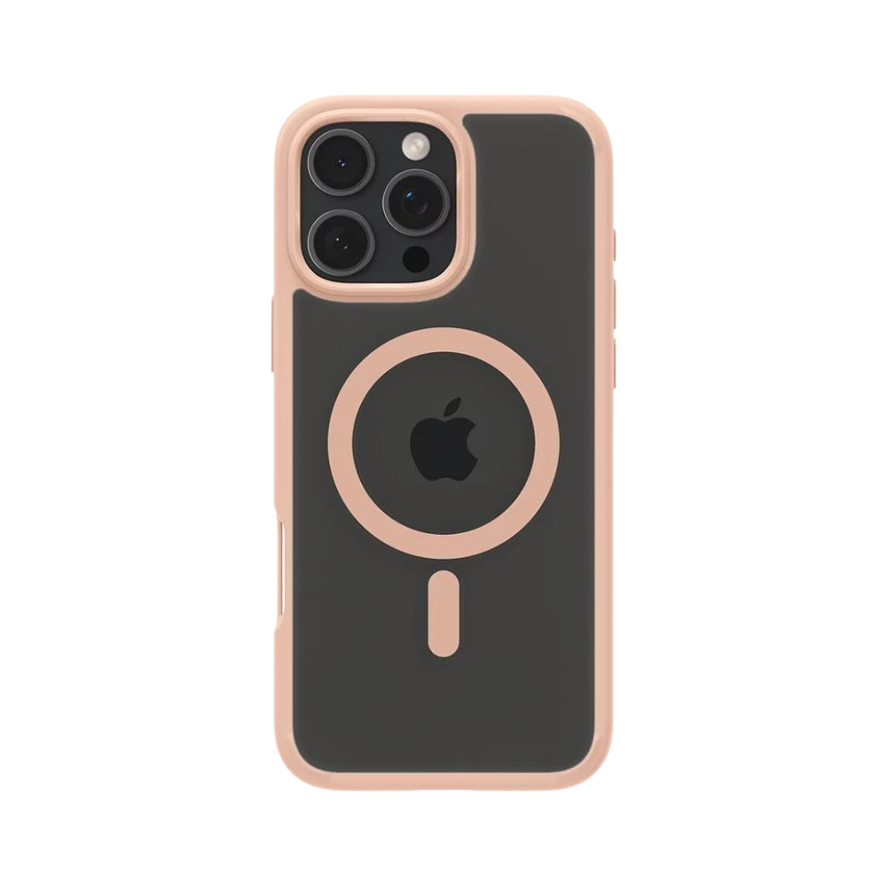 Zwarte telefoonhoes met roze rand en Apple-logo. De hoes staat op een witte achtergrond.