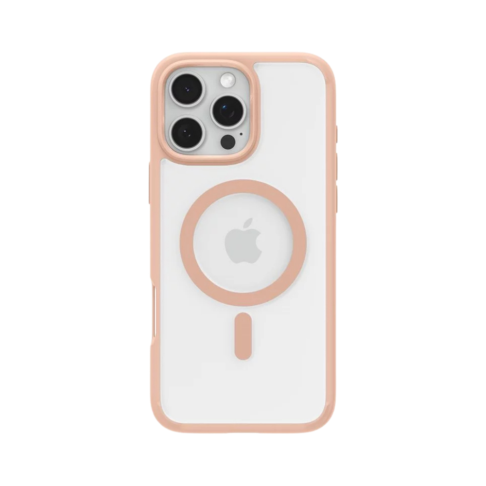 Transparante telefoonhoes met roze rand. Het Apple-logo staat in het midden.
