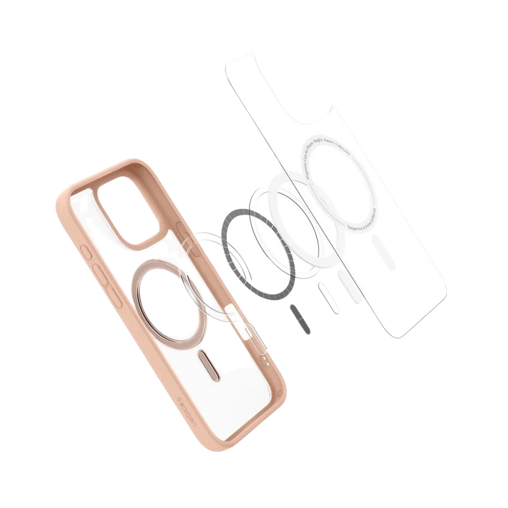 Telefoonhoes en onderdelen. De hoes is roze en transparant.