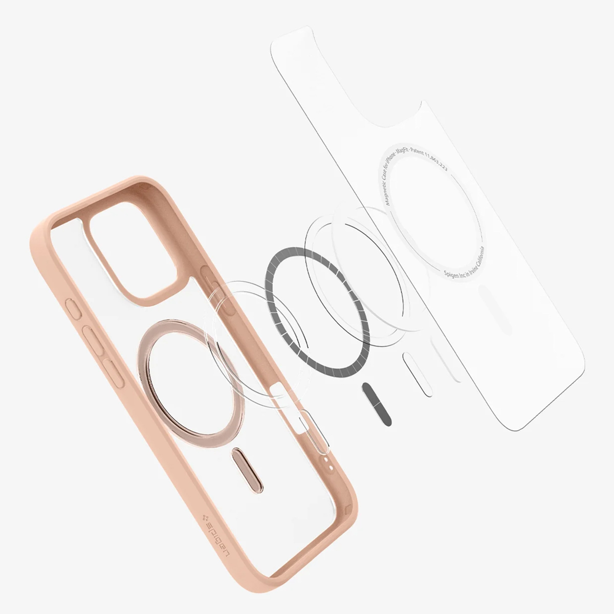 Telefoonhoes en onderdelen. De hoes is roze en transparant, met een cirkelvormige magneet.