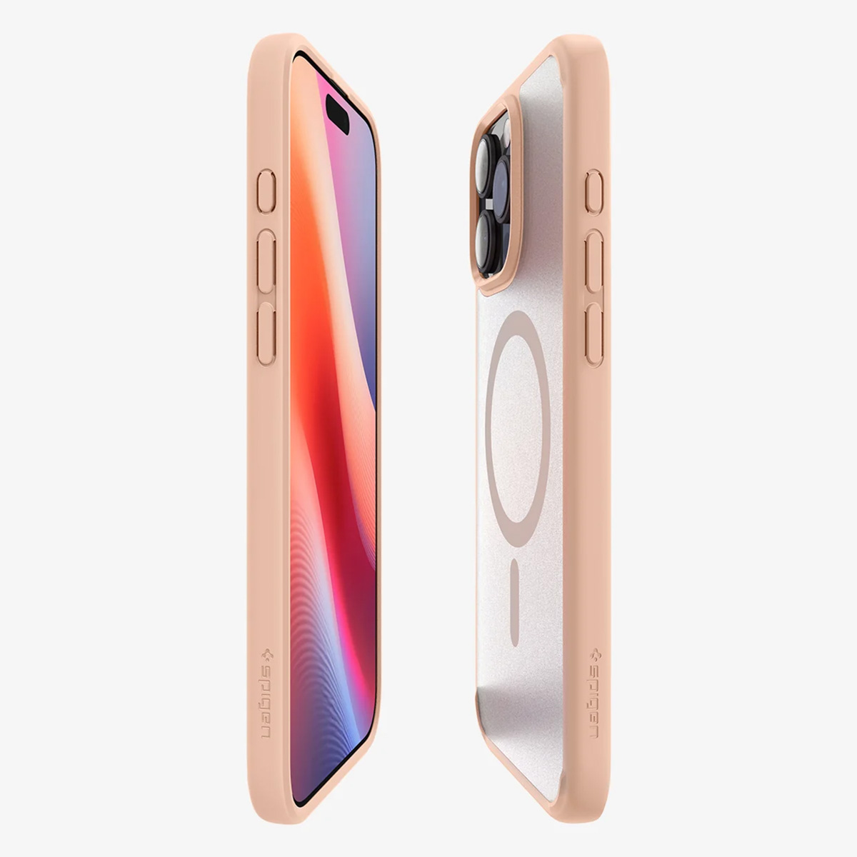Roze telefoonhoesje met een doorzichtige achterkant. De telefoon staat op een witte achtergrond.
